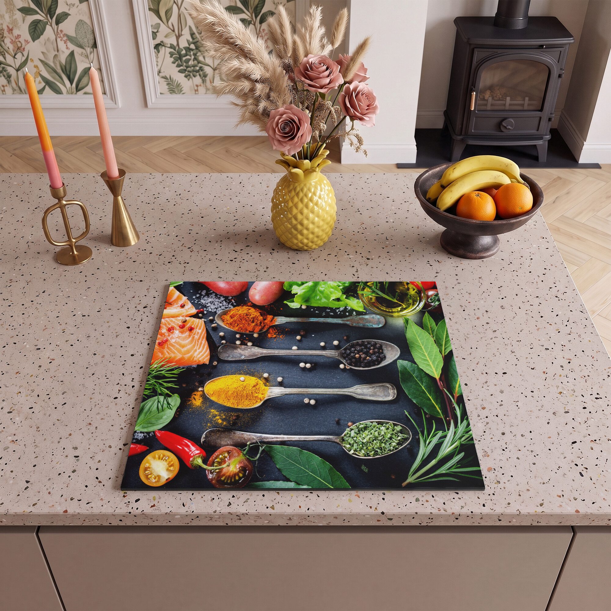 MuchoWow Herd-Abdeckplatte Kräuter - Löffel - Küche - Gewürze, Vinyl, (1 tlg), Ceranfeldabdeckung Küche, Herdabdeckplatte Einteilig, 60x52 cm – Bild 2 von 5