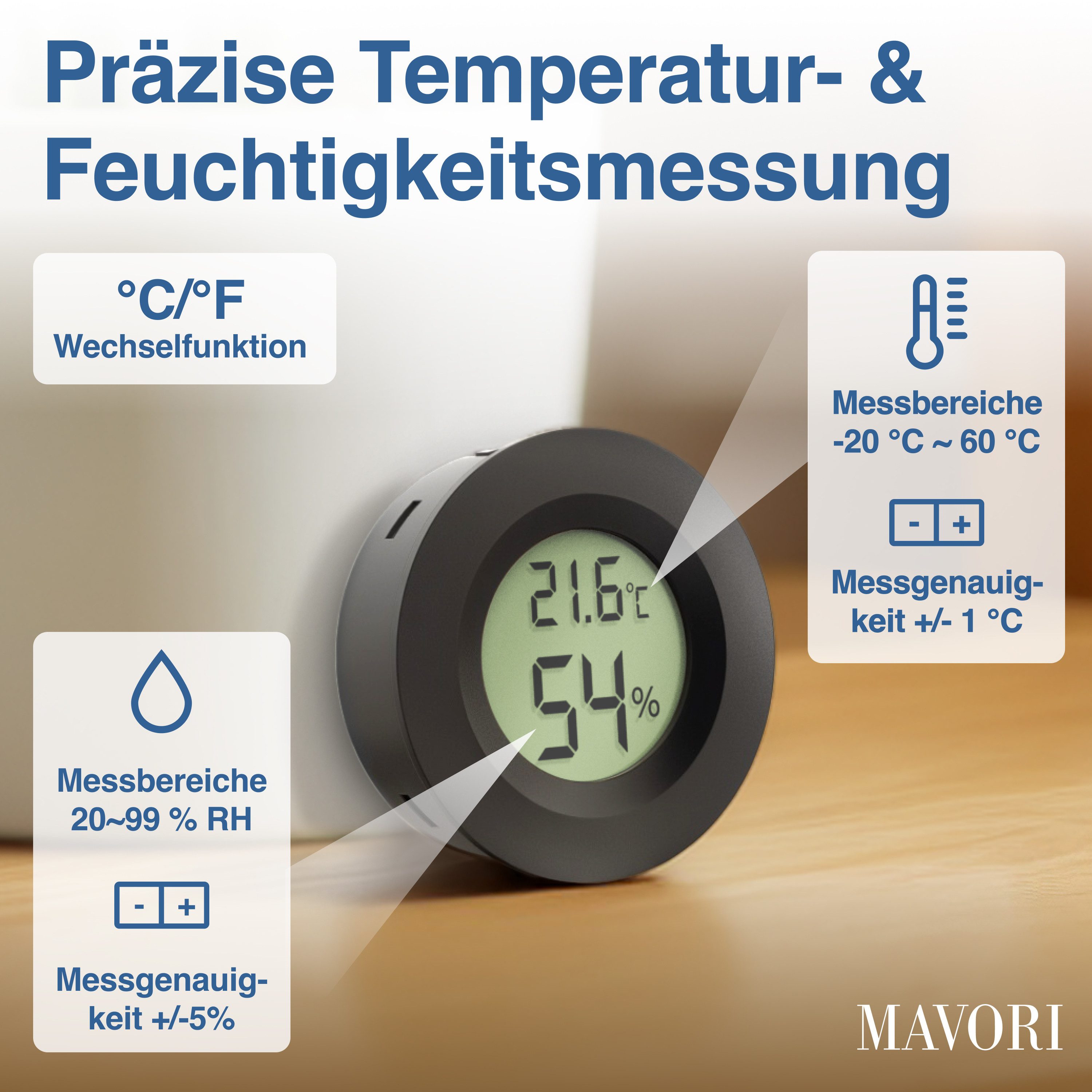 MAVORI Raumthermometer digitaler Hygrometer mit Thermometer für innen, 3er & 6er Set, 6-tlg., Temperatur & Luftfeuchtigkeit mit sehr präzisen Messwerten