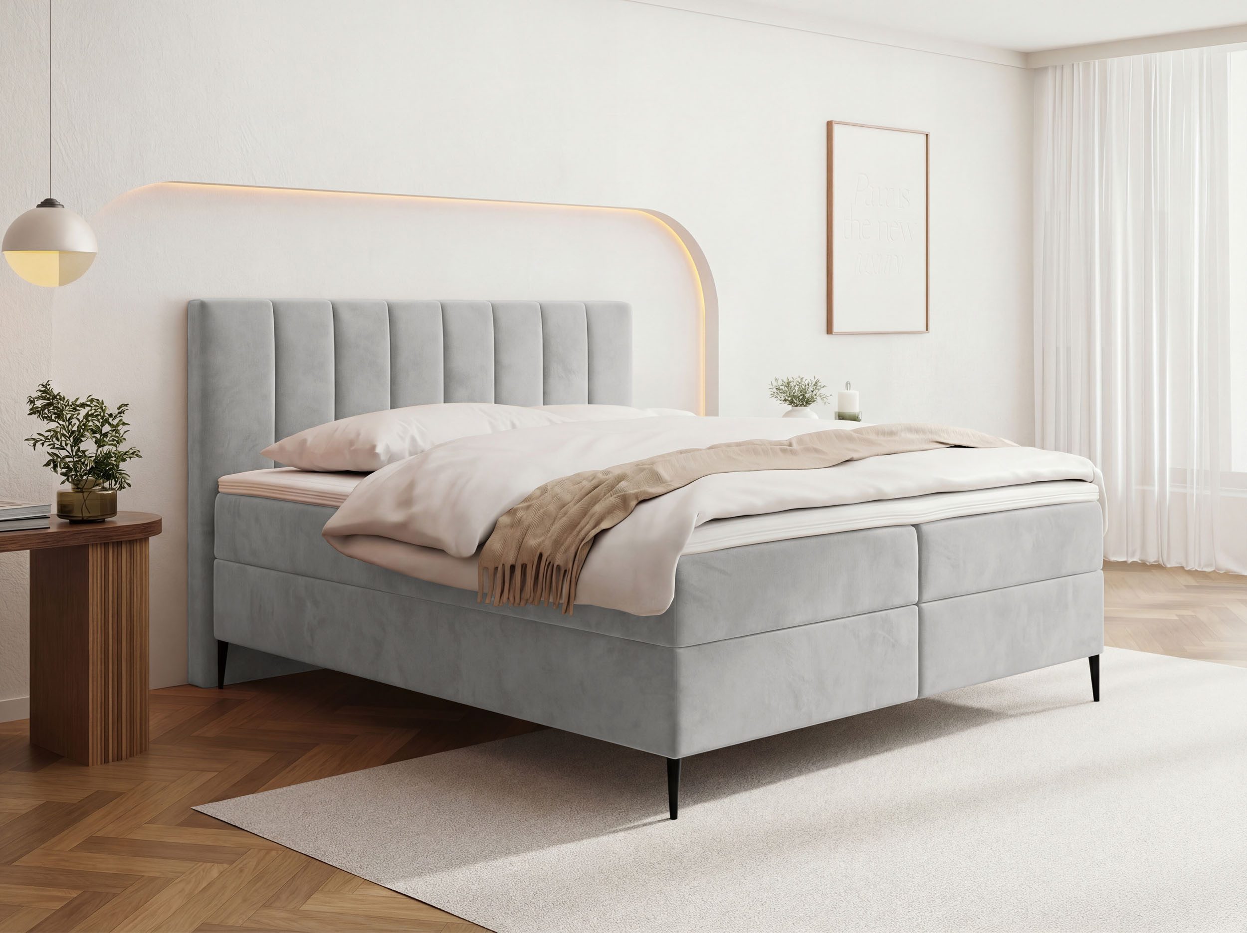 WFL GROUP Boxspringbett Allen mit Bettkasten, Boucle oder Samt, hohes Kopfteil & hohe Füße (erhältlich in 5 Größen: 120x200, 140x200, 160x200, 180x200, 200x200 cm), Doppelbett mit H4 Pocket Matratze, Foam Topper & Stauraum, Made in EU