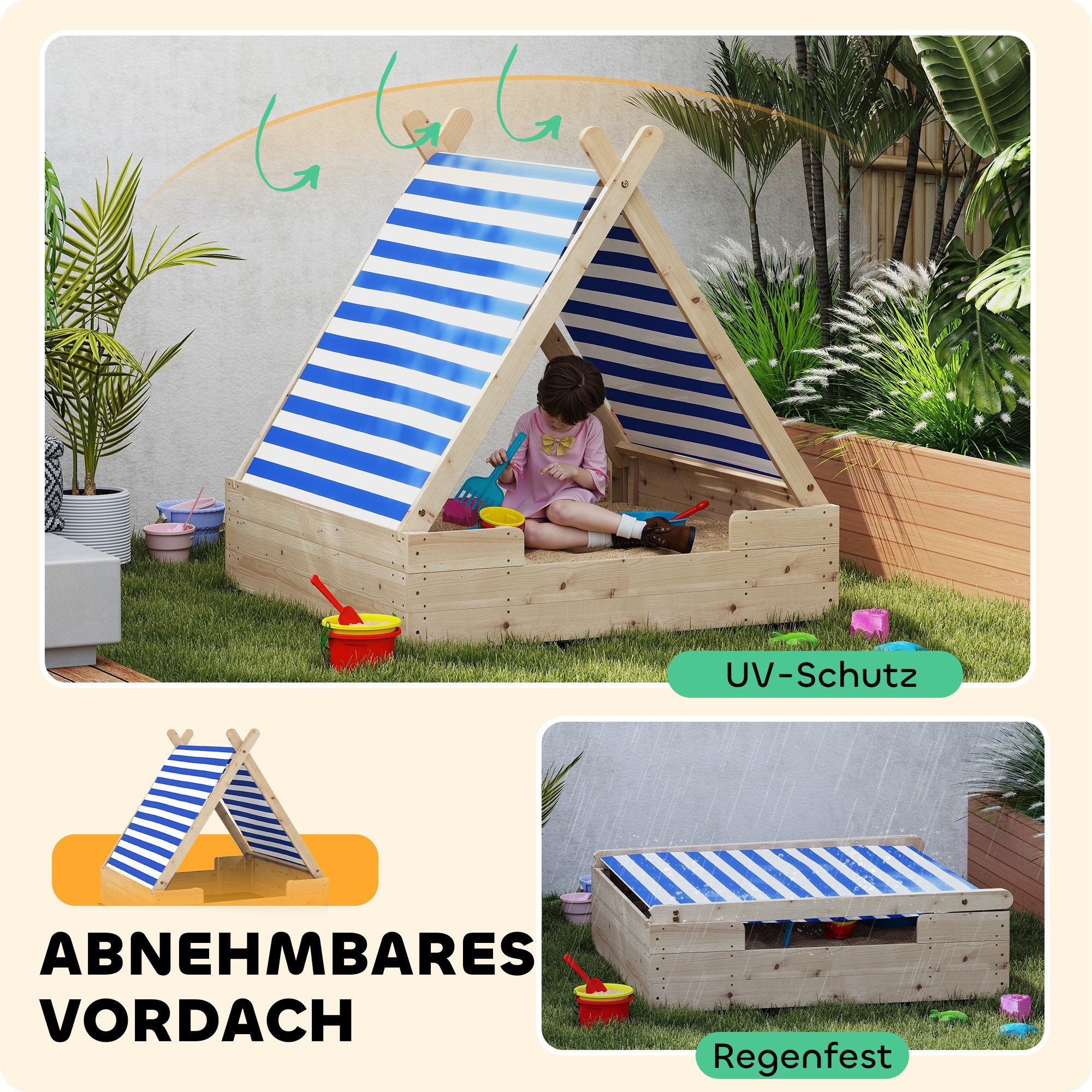AIYAPLAY Sandkasten Sandkiste für Kinder, (mit wetterfestem Zeltdach, 1-tlg., für 3 Kinder im Alter von 3-6 Jahren), 120 x 120 x 126,5 cm, Tannenholz
