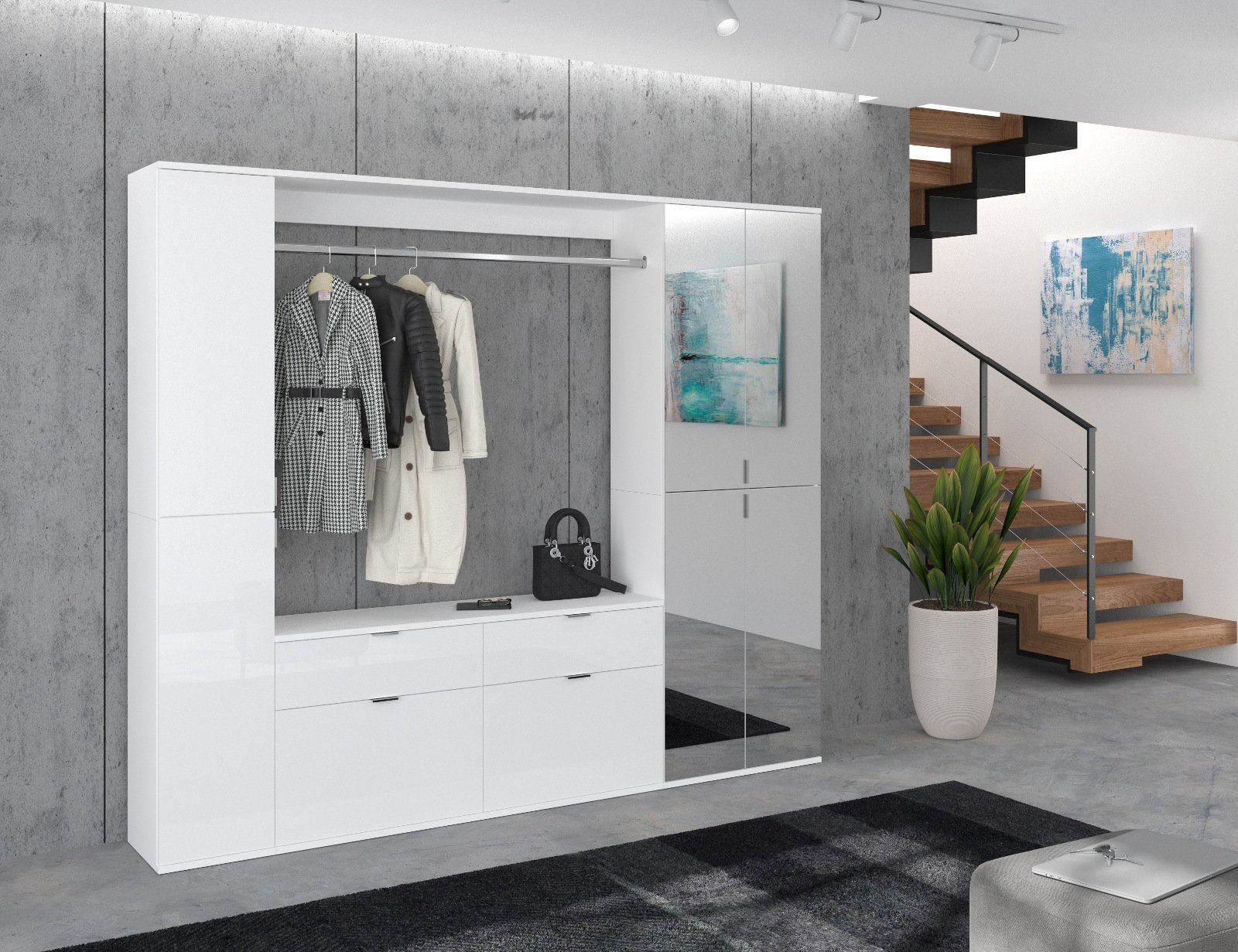 Inn.Furn Garderoben-Set SystemX, (Garderobe und Schuhschrank, weiß Hochglanz mit Spiegeltüren, 212 x 193 cm), Komplett-Set, variable Inneneinteilung