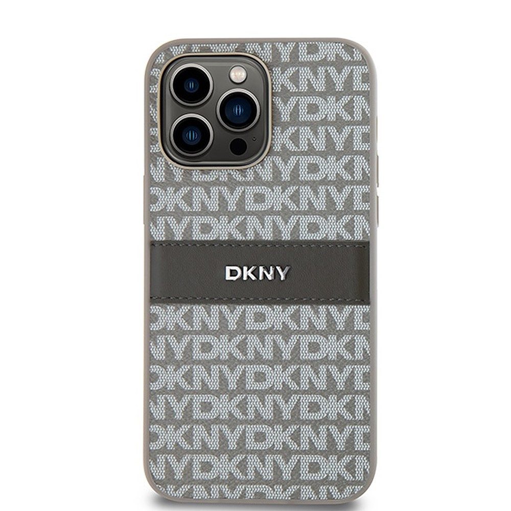 DKNY Handyhülle Schutzhülle Backcover, DKNY-Schriftzugmuster, Lederstreifen mit Metalllogo