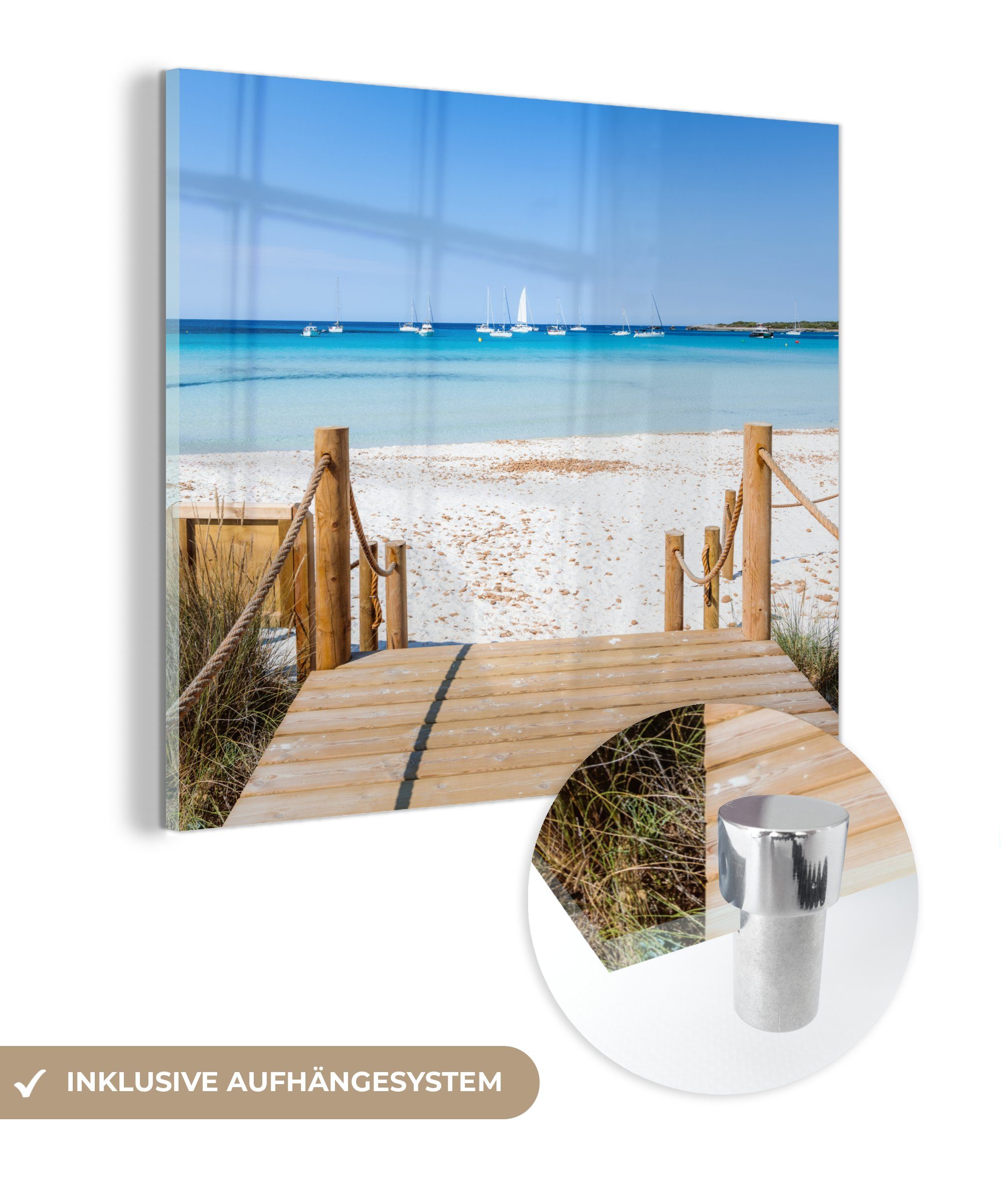 MuchoWow Acrylglasbild Strand - Holz - Spanien, (1 St), Glasbilder - Bilder auf Glas Wandbild - Foto auf Glas - Wanddekoration