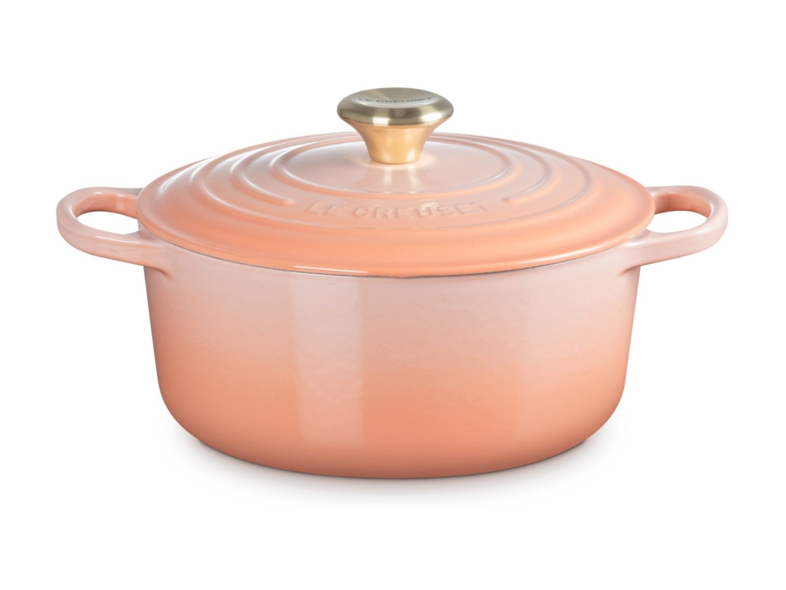 LE CREUSET Bräter Bräter Signature rund mit Goldknopf pêche 24cm, Emailliertes Gusseisen