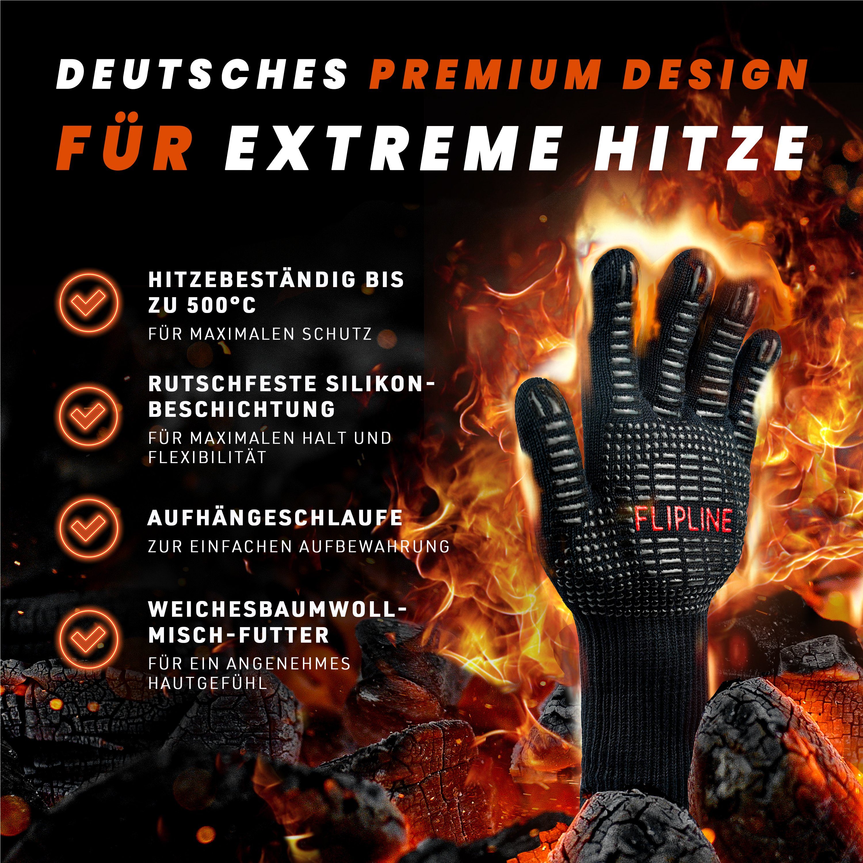 FLIPLINE® Küche Grill BBQ feuerfeste Hitzebeständig Premium - E-Book & - Grillhandschuhe Handschuhe, Rezepte inkl. für Handschuhe