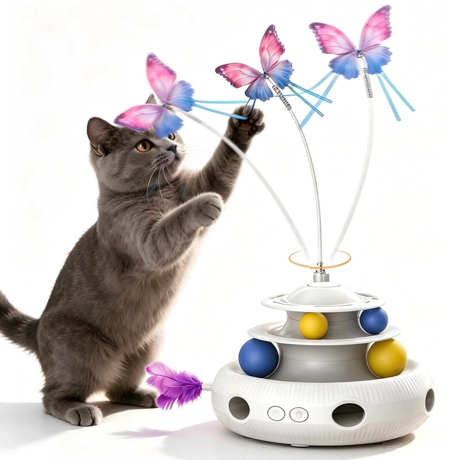 AIBISTAR Tier-Intelligenzspielzeug Elektrischer Katzenspielzeug 360°, Interaktives Spielzeug für Katzen, Doppelspur-Ballbahn,6-Loch-Zufallsfedern,ABS-Material