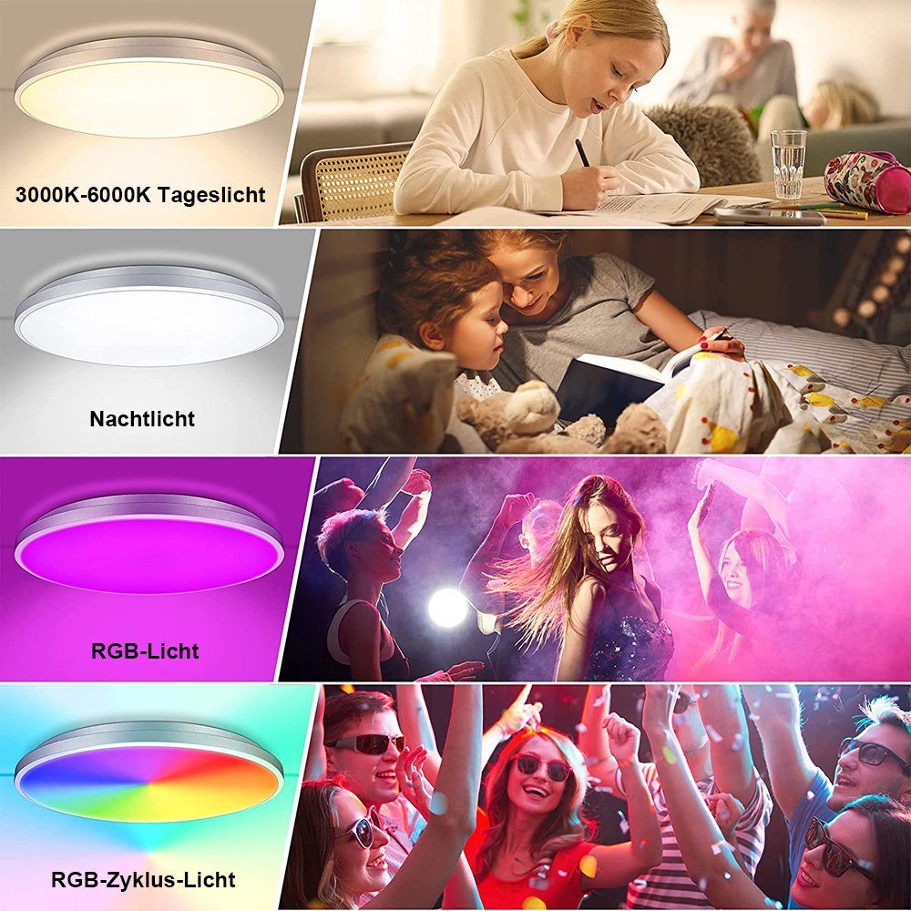 für 24W, Mount, RGB, Weiß/Naturweiß/Kaltweißes 6 RGB-Farben, Rosnek Bad Ø30CM, Deckenleuchte Flush Küche, LED Schlafzimmer Fernbedienung Licht,