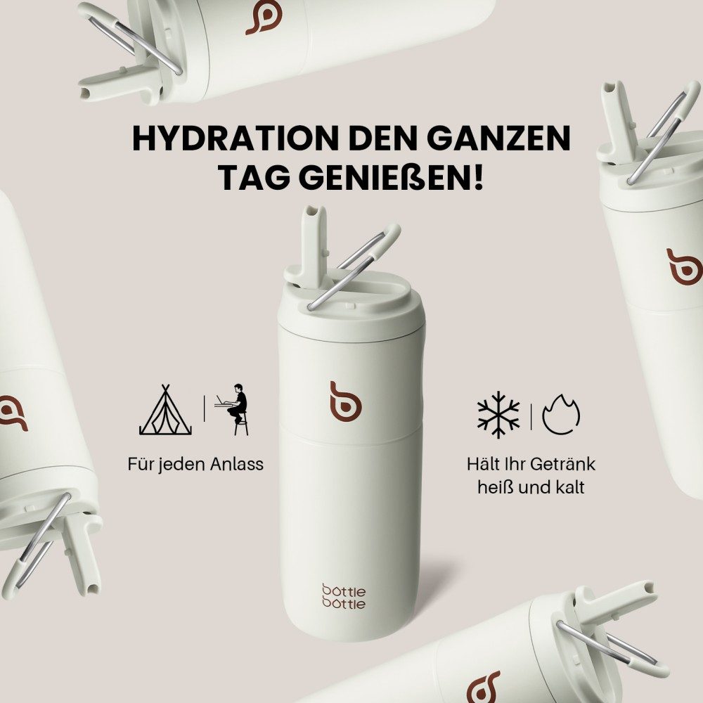 BOTTLE BOTTLE Trinkflasche Edelstahl Trinkflasche mit Strohhalm 500ml, auslaufsichere Sportwasserflasche, ideal für Schule, Büro und Ausflüge