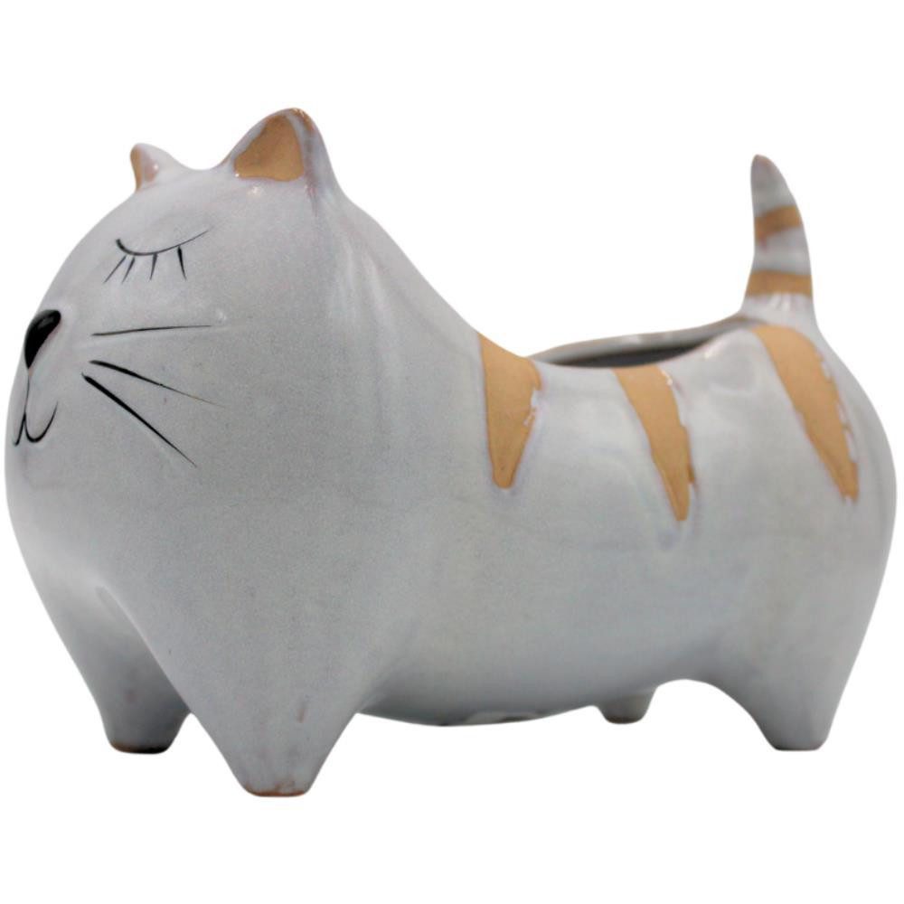 Dekohelden24 Übertopf Übertopf - Pflanztopf - Pflanzgefäß - Dekoschale aus Keramik (1 Stück, 1 St), Motiv: Katze in hellgrau, - Maße L/B/H: ca. 21 x 12 x 14 cm