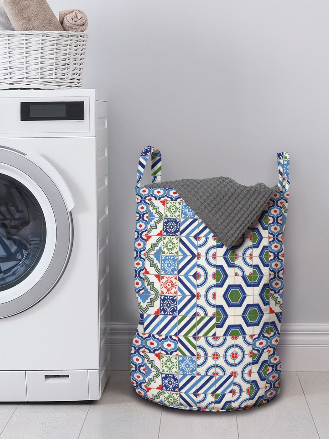 Jahrgang Waschsalons, Design Griffen Motive der für Kordelzugverschluss Wäschesäckchen marokkanischen Abakuhaus mit Wäschekorb