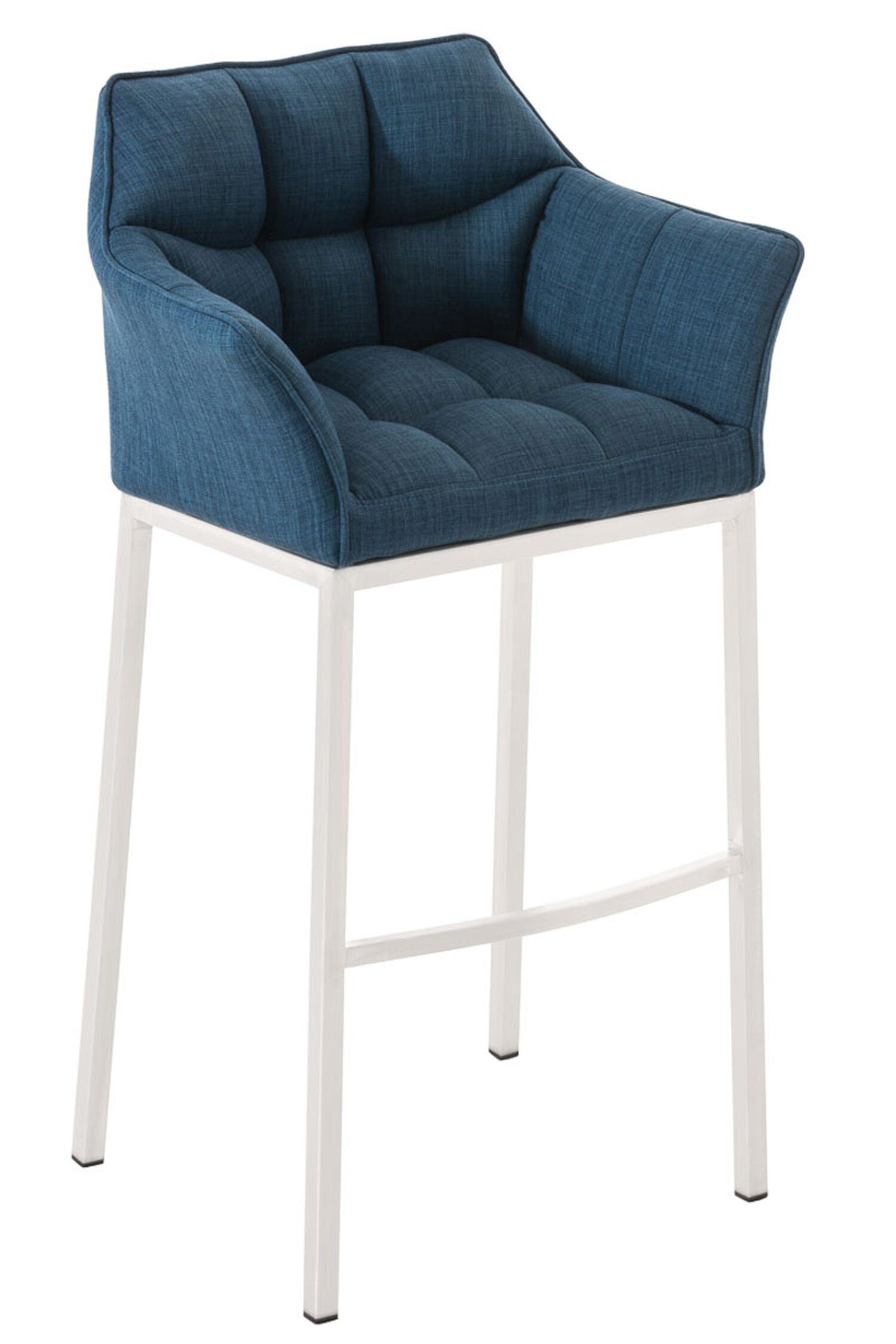 TPFLiving Barhocker Damaso (mit Rückenlehne und Fußstütze - Hocker für Theke & Küche), 4-Fuß Gestell weiß - Sitzfläche: Stoff Blau