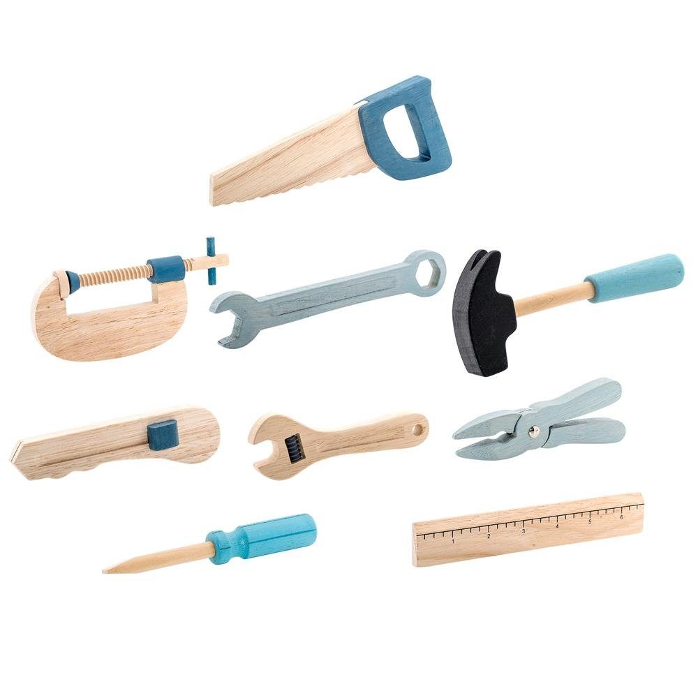 Bloomingville Kinder-Werkzeug-Set Robin, Werkzeug Spielset, 9-teiliges Holzspielzeug, Kleinkindspielzeug, dänisches Design, blau
