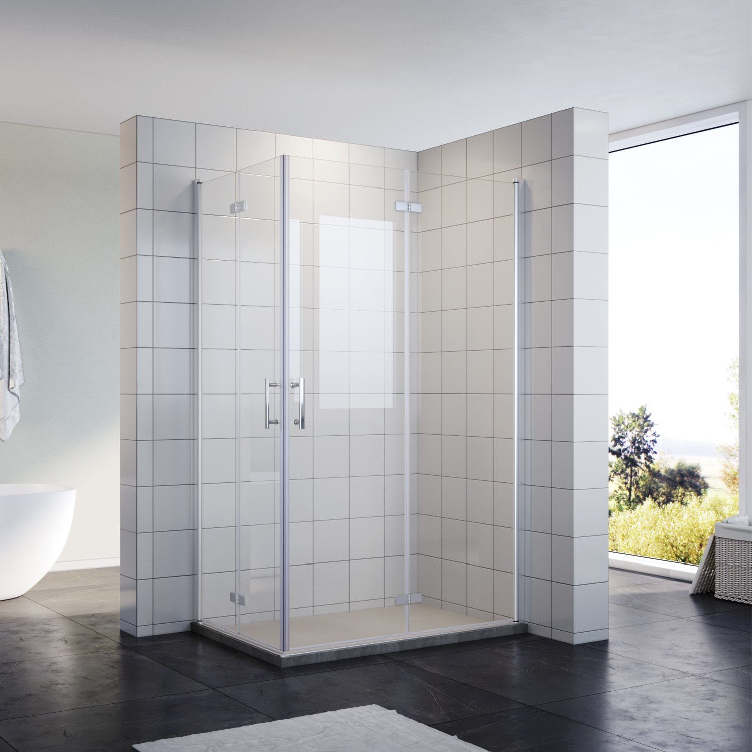 SONNI Eckdusche Duschkabine Eckeinstieg Pendeltür Falttür Nano Glas Drehfalttür, BxT: 120x80 cm