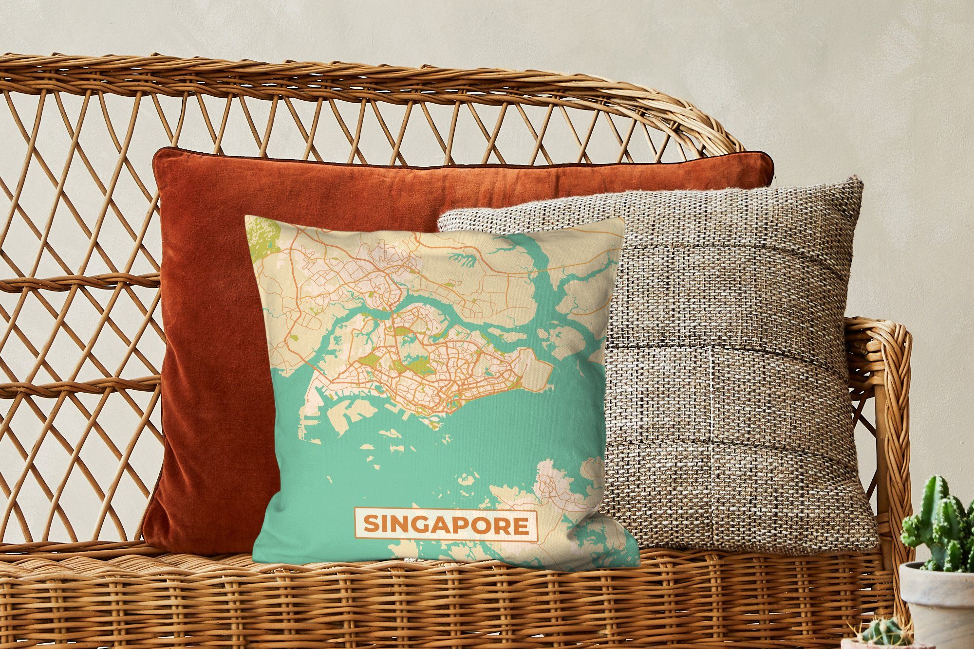 MuchoWow Dekokissen Singapur - Karte Karte, Vintage Stadtplan Deko, für - Wohzimmer, mit Zierkissen - Schlafzimmer, Sofakissen Füllung 