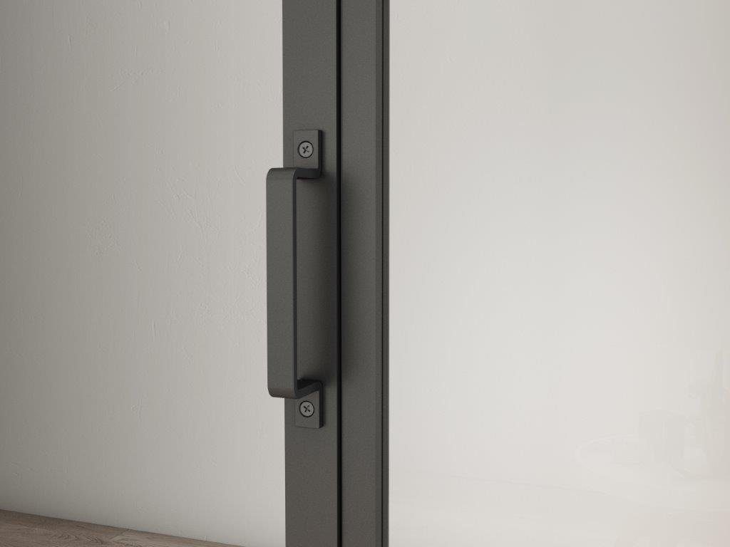 inova wohnen Glasschiebetür Grauglas schwarzer Stahlrahmen, Komplett Set offene Laufschiene Softclose Loftstyle – Bild 4 von 5