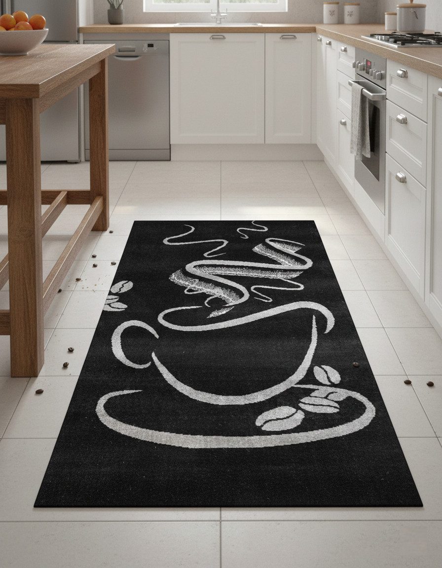 Vimoda Teppich Küchenteppich, Trendiger Kaffee Teppich in Schwarz, Rechteckig, Höhe: 5 mm, Küchenteppiche, Cappuccino, Kaffee, Tasse, Esszimmer, Küche