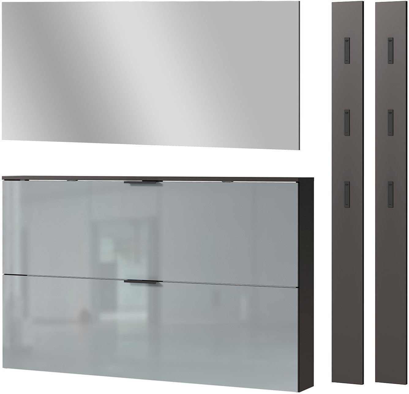 GERMANIA Garderoben-Set Valega, (4-St), Schuhschrank Graphit/Silbergrau Spiegel Glasfronten, mit Garderobenpaneelen zwei und