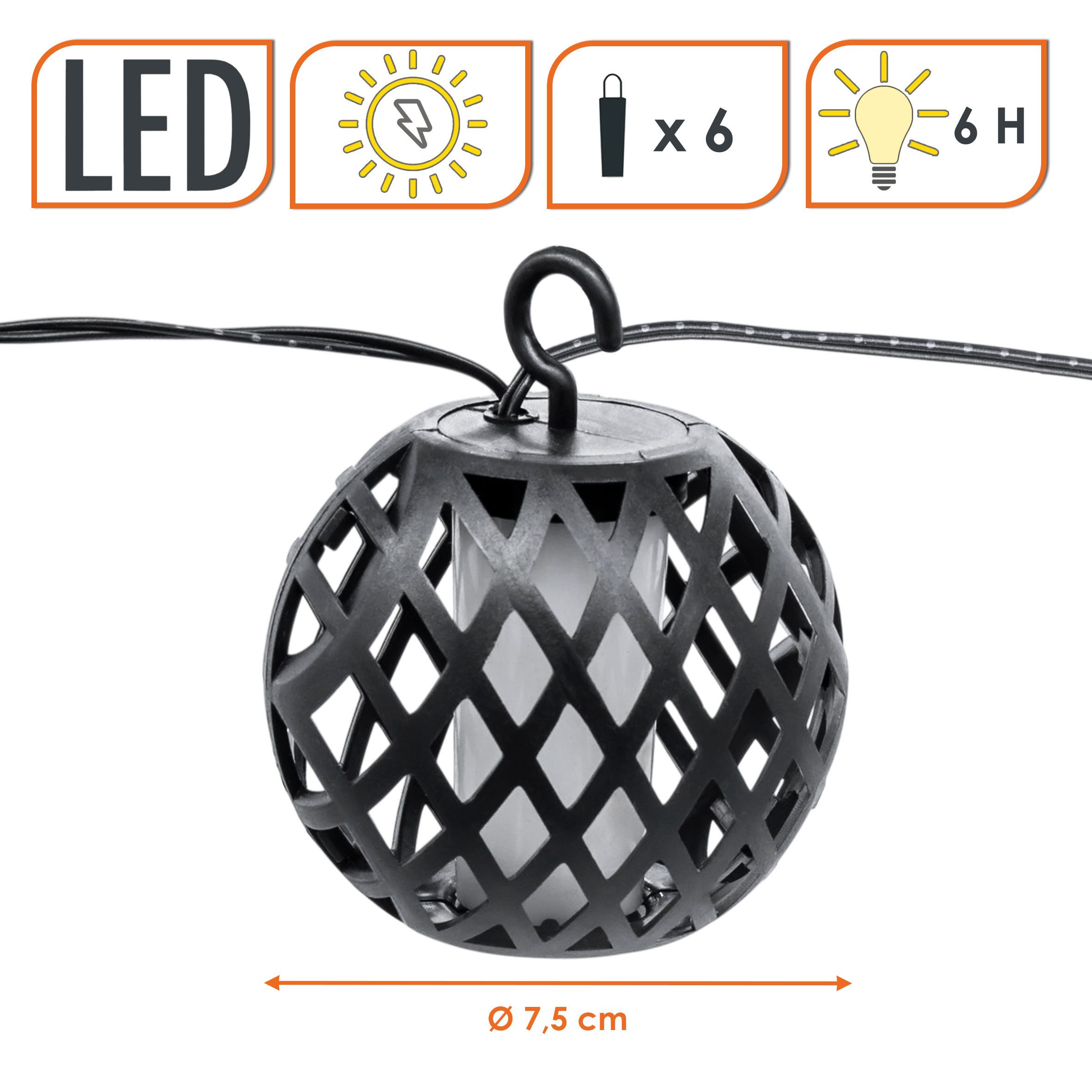 Spetebo LED-Lichterkette Solar Lichterkette 6 runde Lampions schwarz, 6-flammig, mit Flammen Effekt