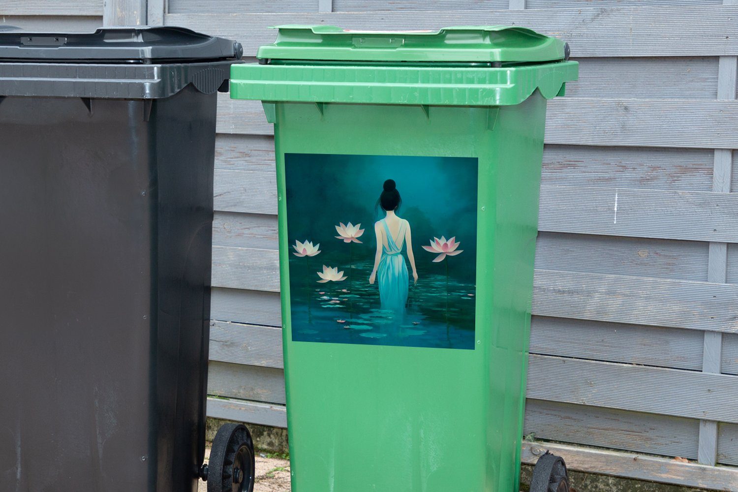 MuchoWow Porträt - Sticker, Mülltonne, Wandsticker Mülleimer-aufkleber, Container, - - (1 Lilie St), Blumen Abfalbehälter - Wasser Frau