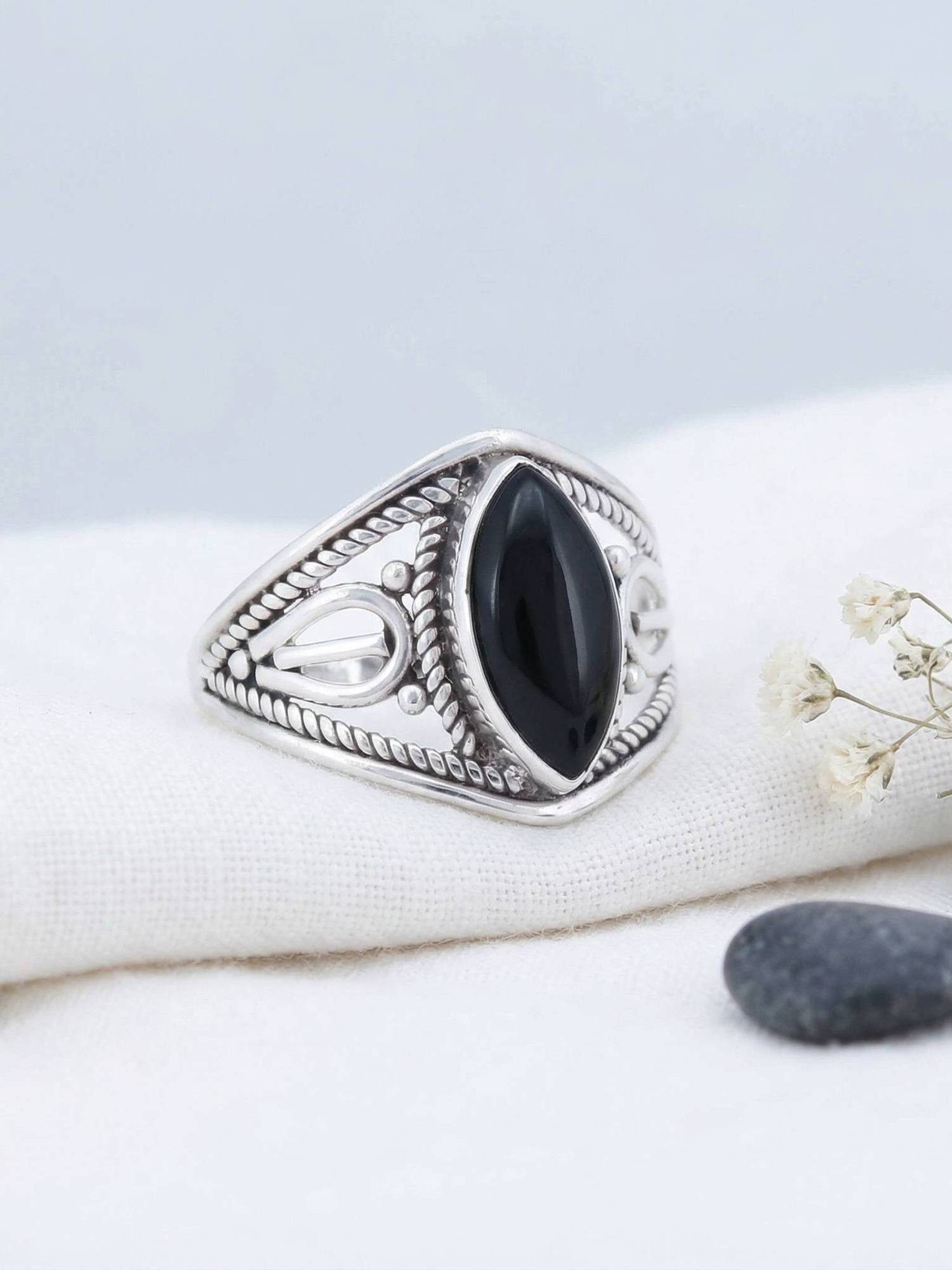 mantraroma Silberring DAHAB Ellipse aus 925 Silber mit Onyx (Ring mit Schmuckbeutel), Damenring aus 925er Silber