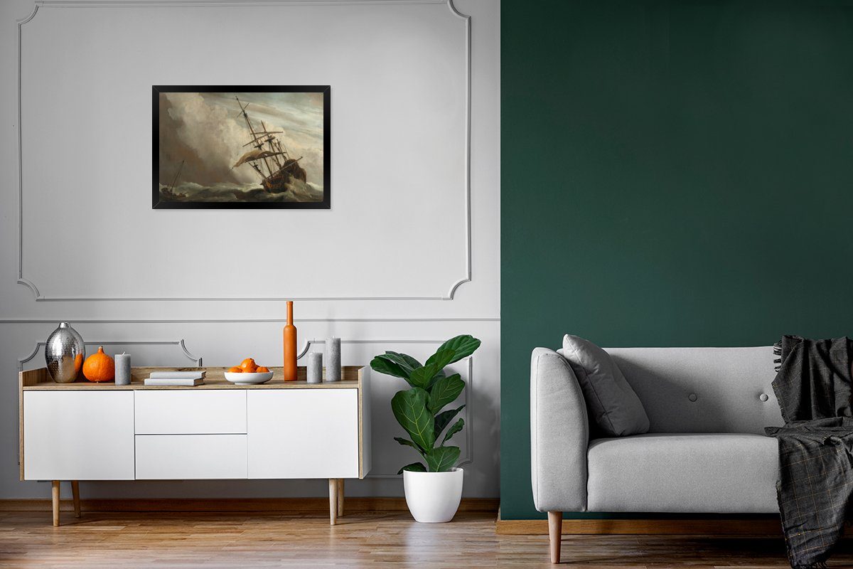 MuchoWow Poster Ein Schiff auf - Gemälde mit Bilderrahmen während Schwarzem offener (1 Gerahmtes Sturms eines Kunstdruck, Willem, Rahmen, See Poster, von St)