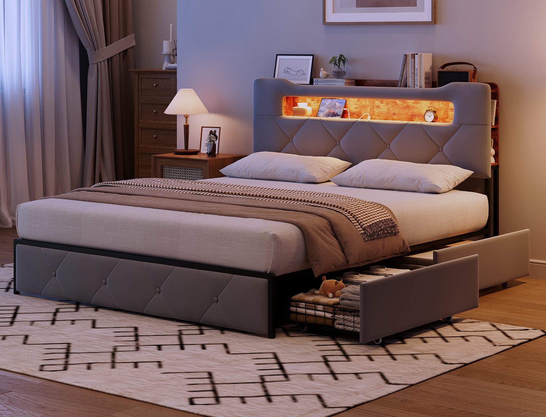 ADWOLT Polsterbett Doppelbett Stauraumbett mit 4 Schubladen Samtstoff, 160x200 cm,Mit USB+TYPE-C,LED-Beleuchtung,Schubladen mit Rädern,Grau