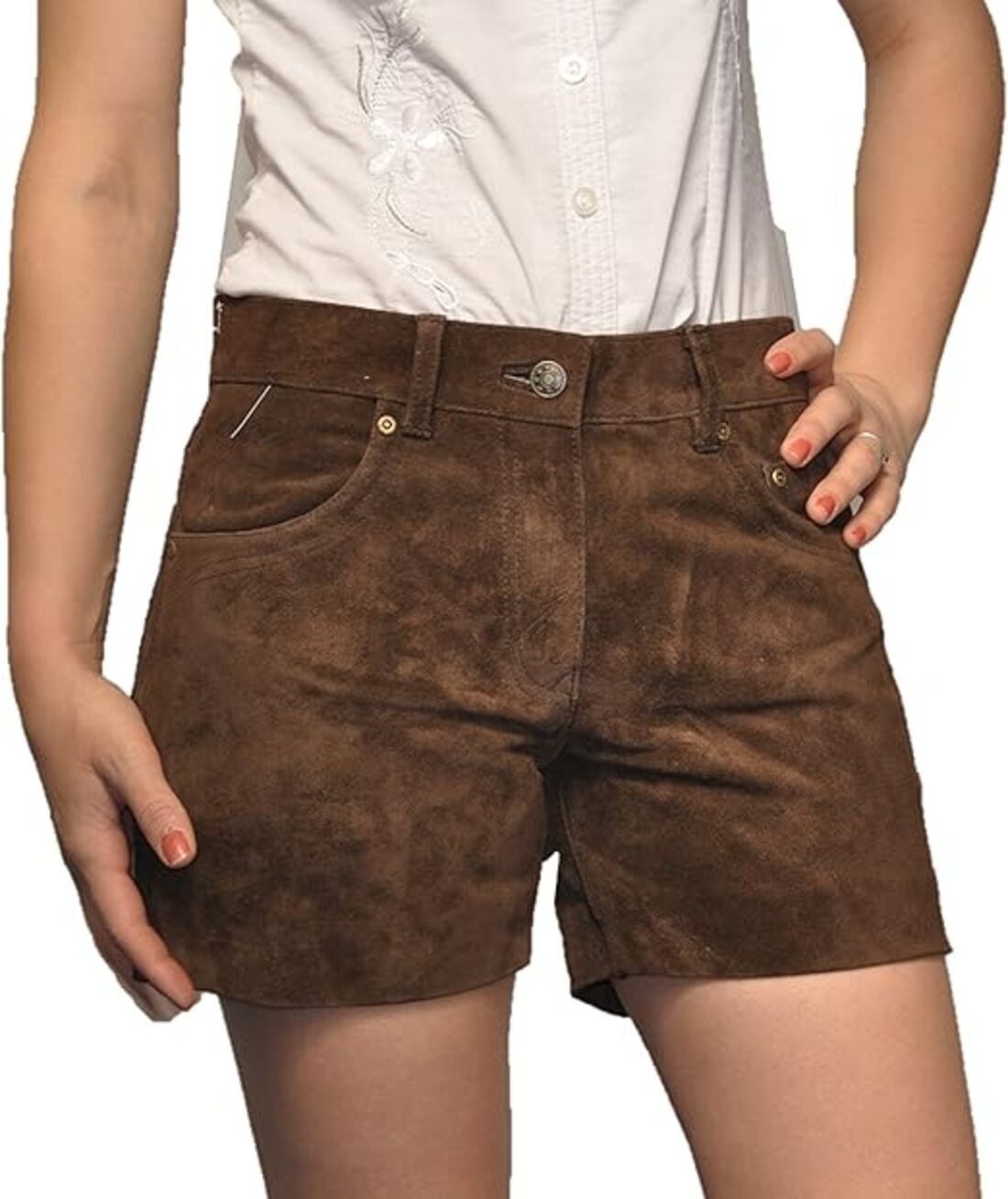 Fuente Leather Wears Lederhose Damen Lederhose kurz, Trachtenlederhose, 5 Pocket, Braun Schwarz