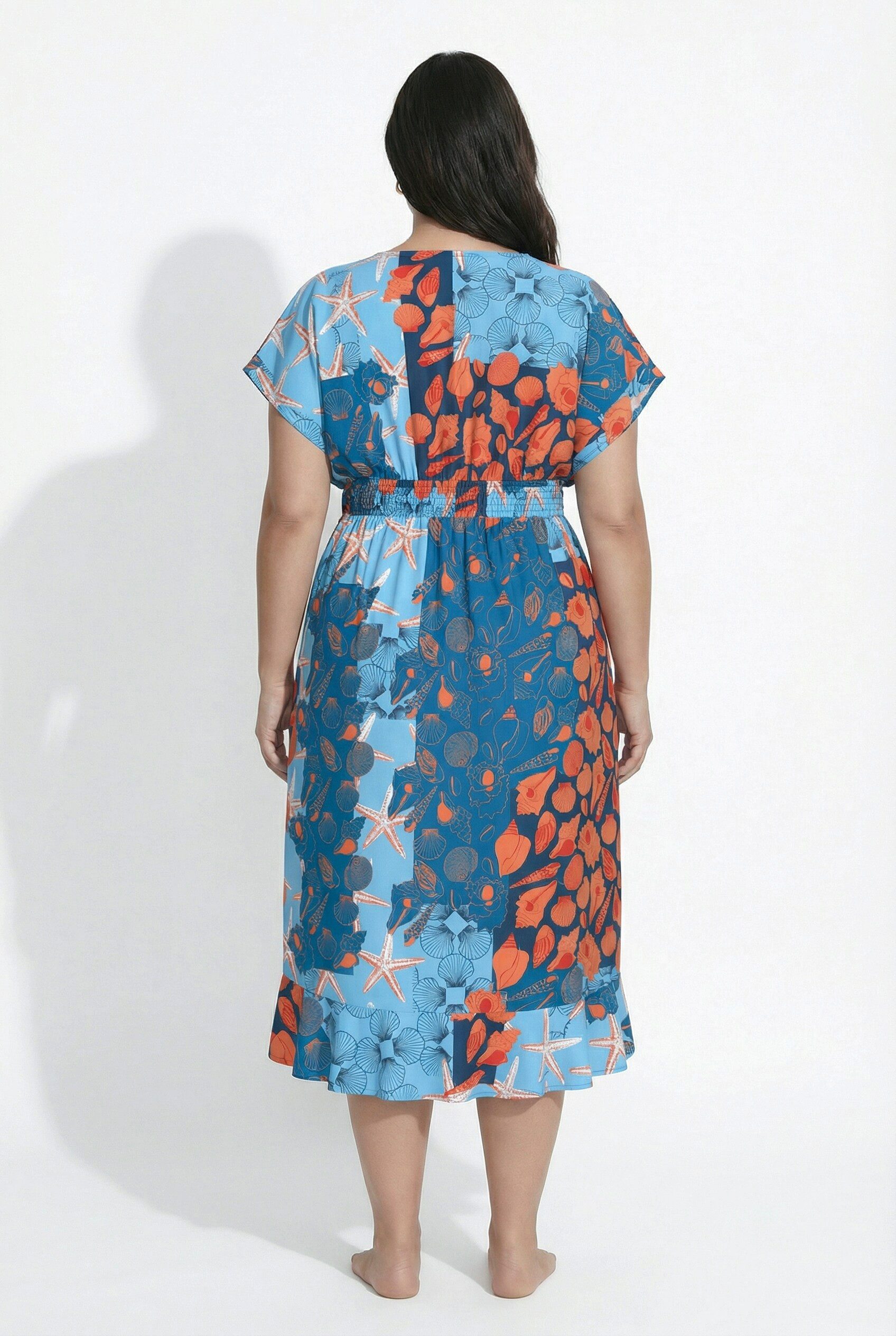 Ulla Popken Strandkleid Wickel-Kaftan Meeresmotive V-Ausschnitt Halbarm