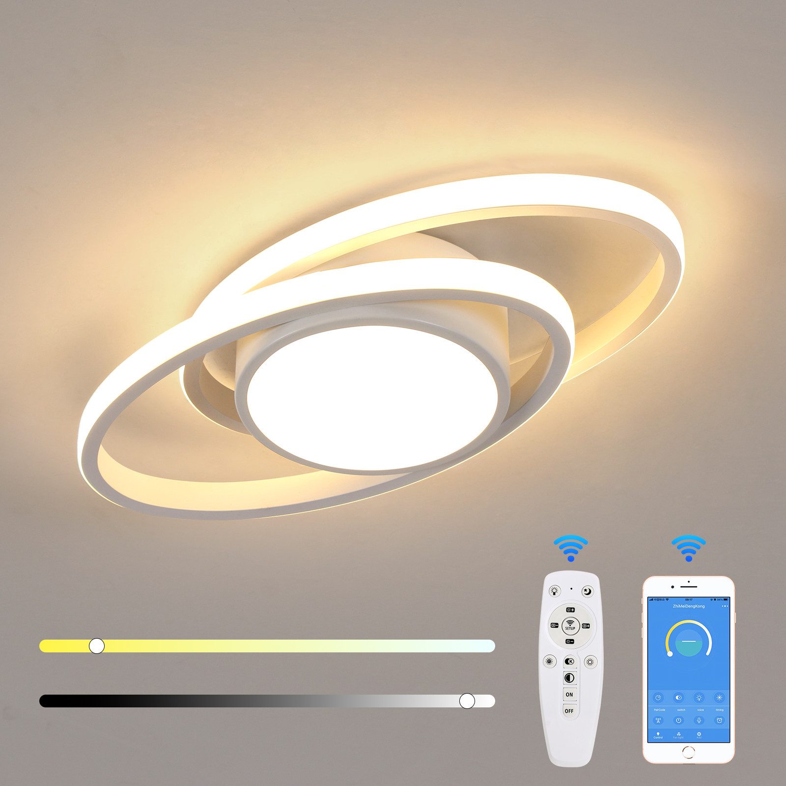 Riserva LED Deckenleuchte LED Deckenleuchte Doppelring Weiß 39W dimmbar 38,5cm