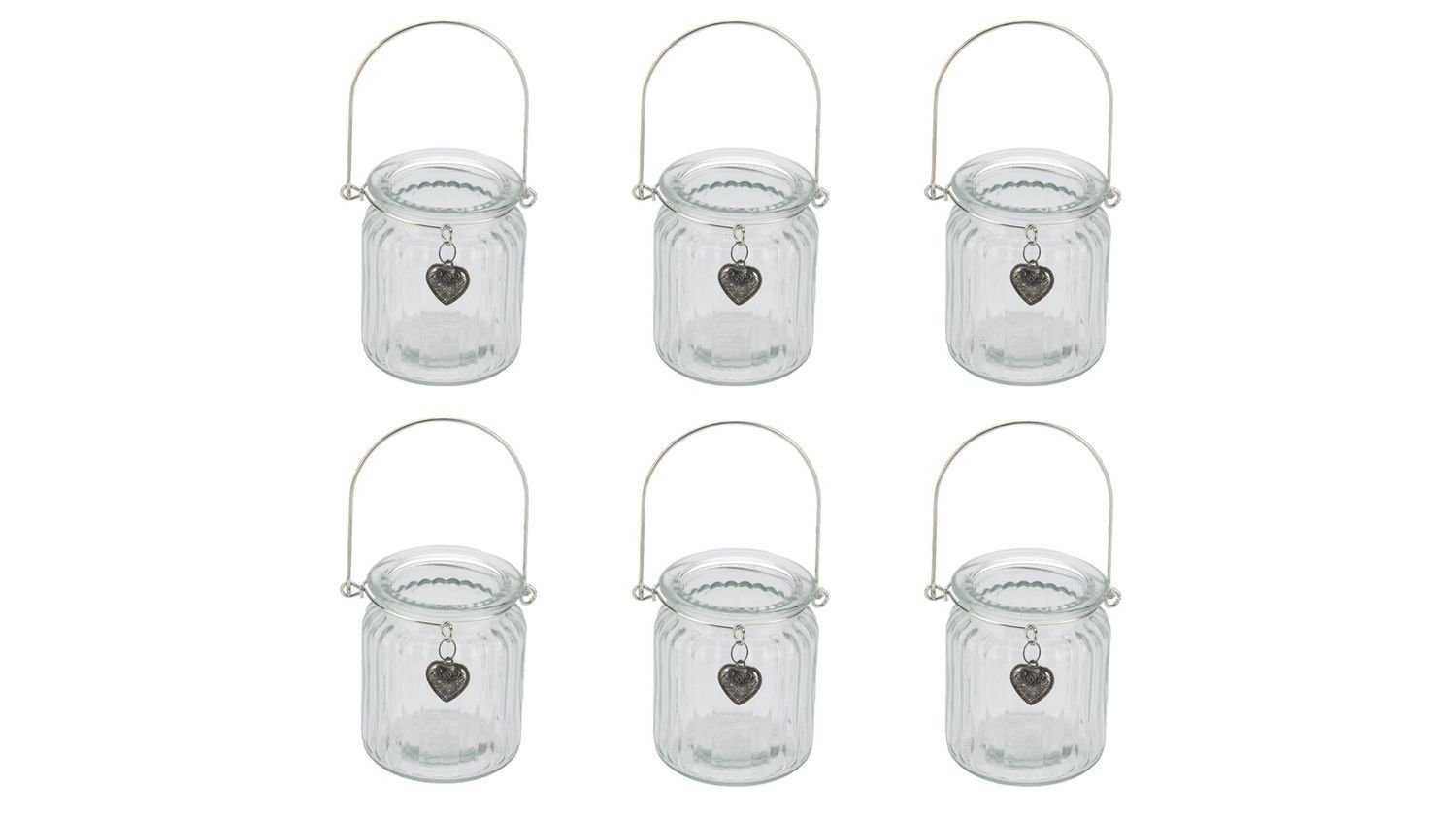 NaDeco Dekovase Windlichter aus Glas mit Henkel und Herzanhänger 6 Stück H. 9 cm Ø 8cm