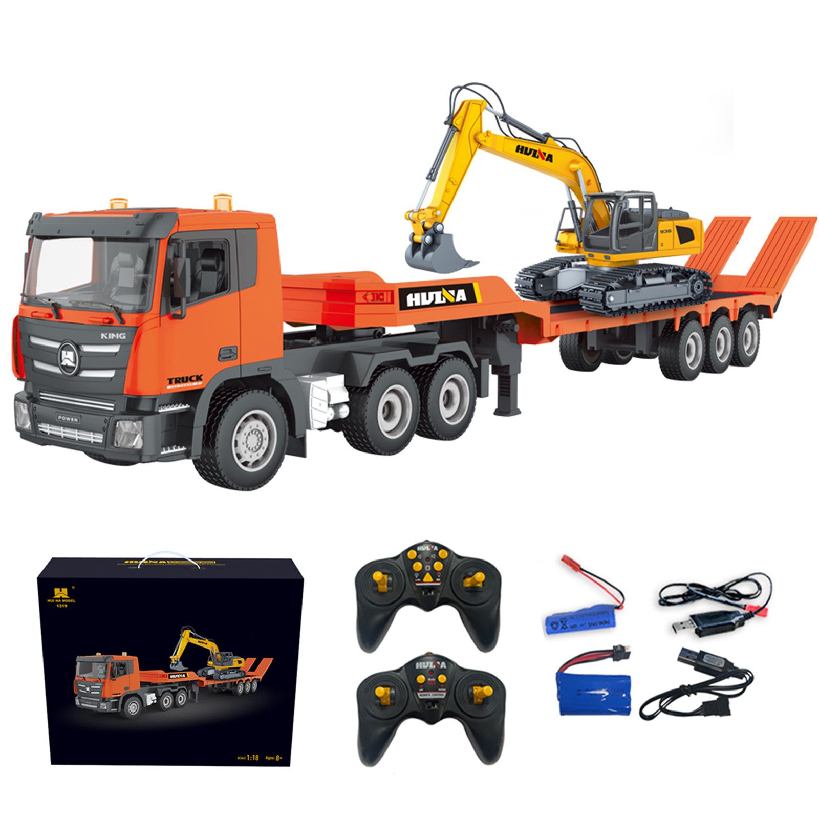 Esun RC-Truck RC LKW und RC Bagger Spielzeug, 2.4Ghz Ferngesteuerter Pritschenwagen (Set, Komplettset), 1:18 Ferngesteuerter Bagger mit Sound und Lichtern