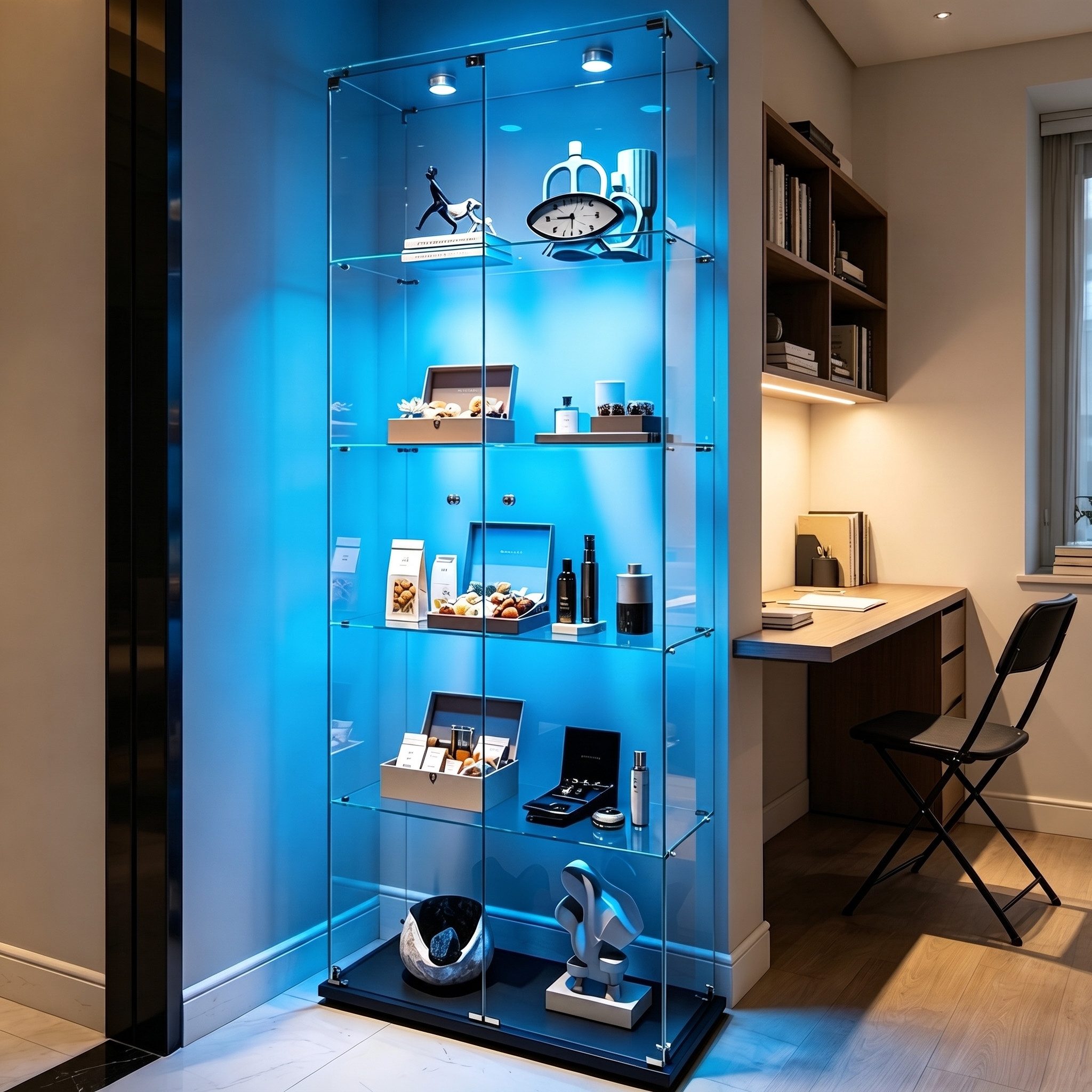 Simurq Glasvitrine Standvitrinen mit LED Beleuchtung Vitrinenschrank mit Glastür Sammlervitrine aus gehärtetes Glas,Modernes rahmenloses Design