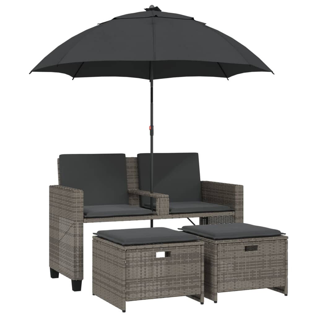 vidaXL Loungesofa Gartensofa 2-Sitzer Sonnenschirm und Hocker Grau Poly Rattan, 1 Teile