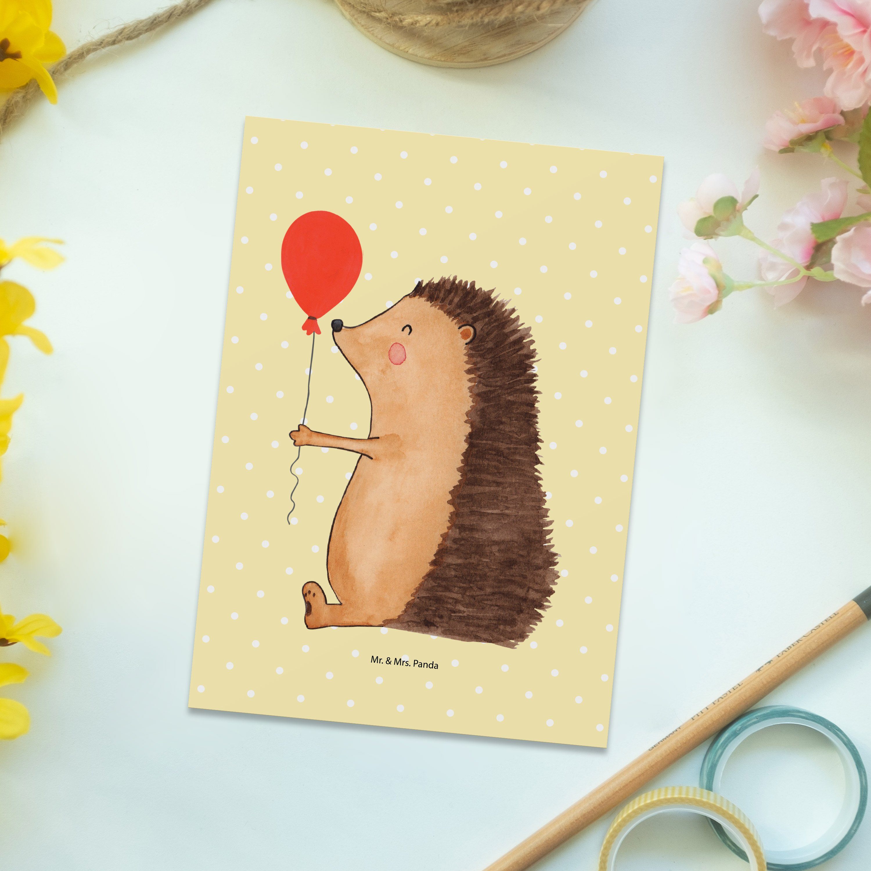 mit Dankeskarte, Tiere, Gelb Postkarte & Pastell Mr. - Geschenk, Luftballon Ei Panda Mrs. Igel -