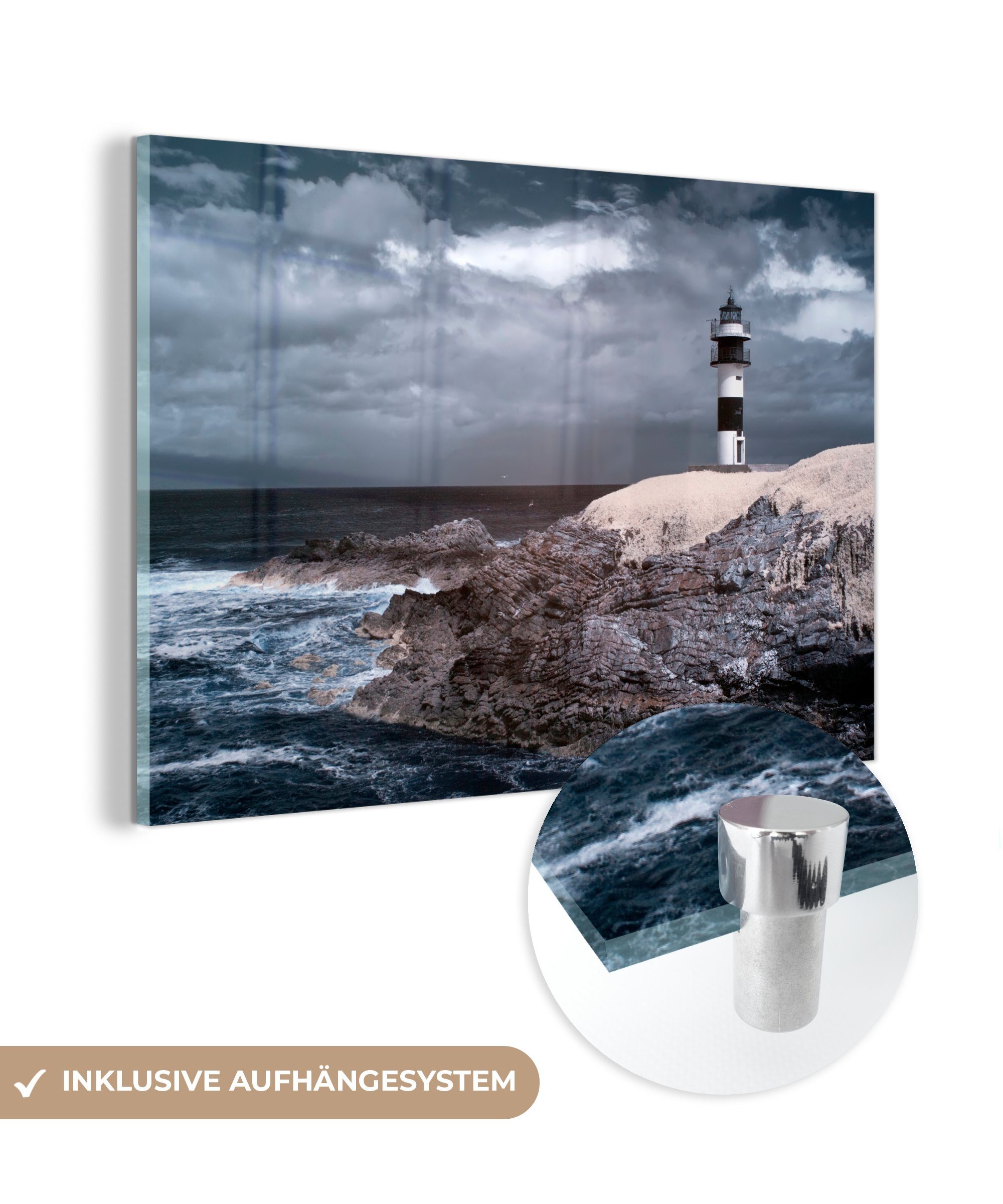 einem an Leuchtturm Wohnzimmer Acrylglasbild Tag, stürmischen Ribadeo Schlafzimmer (1 von MuchoWow & St), Acrylglasbilder