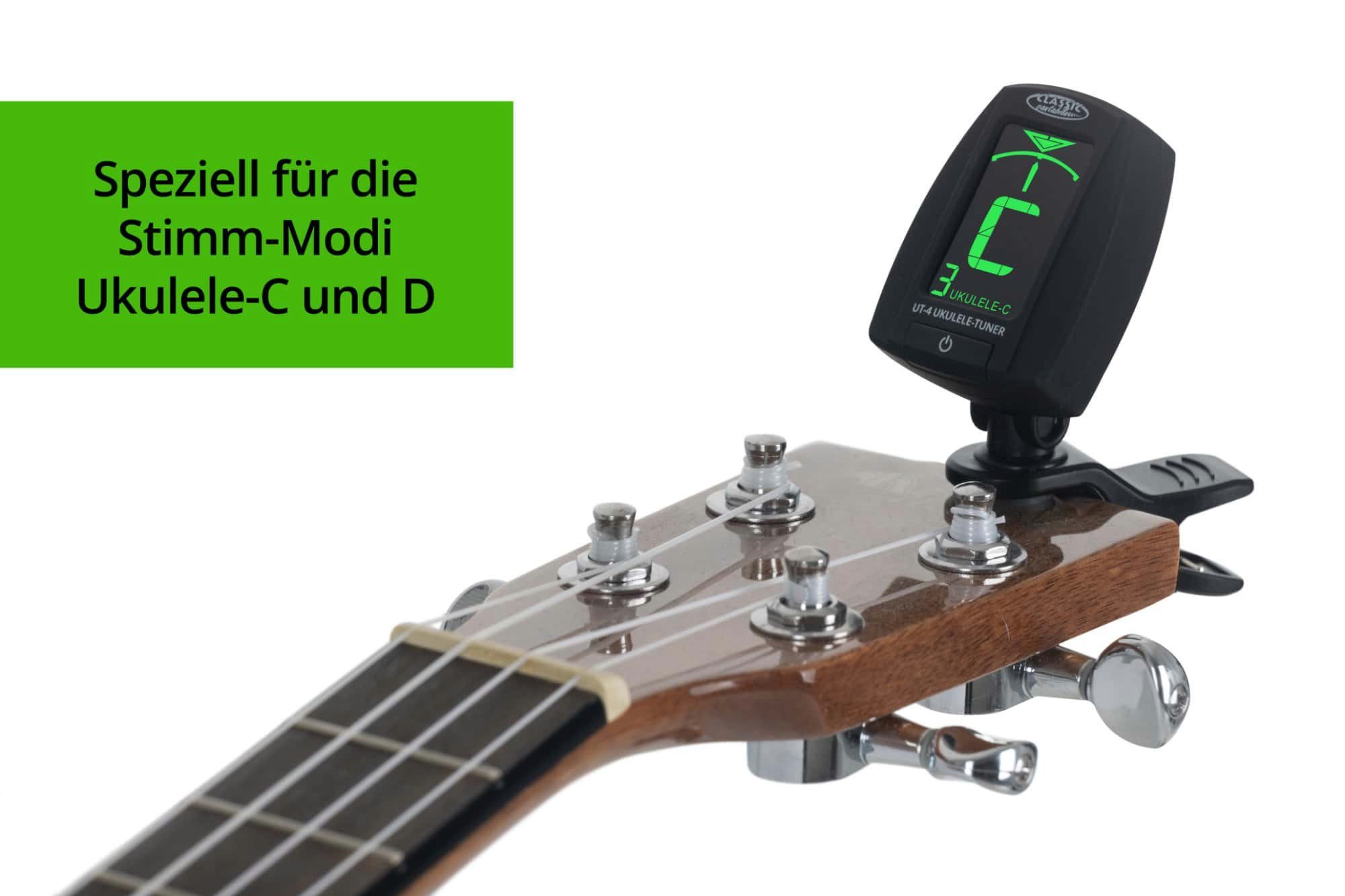 Classic Cantabile Stimmgerät UT-4 Ukulelen Clip Tuner, (inkl. Knopfbatterie), Spezielle Modi für C- und D-Stimmung