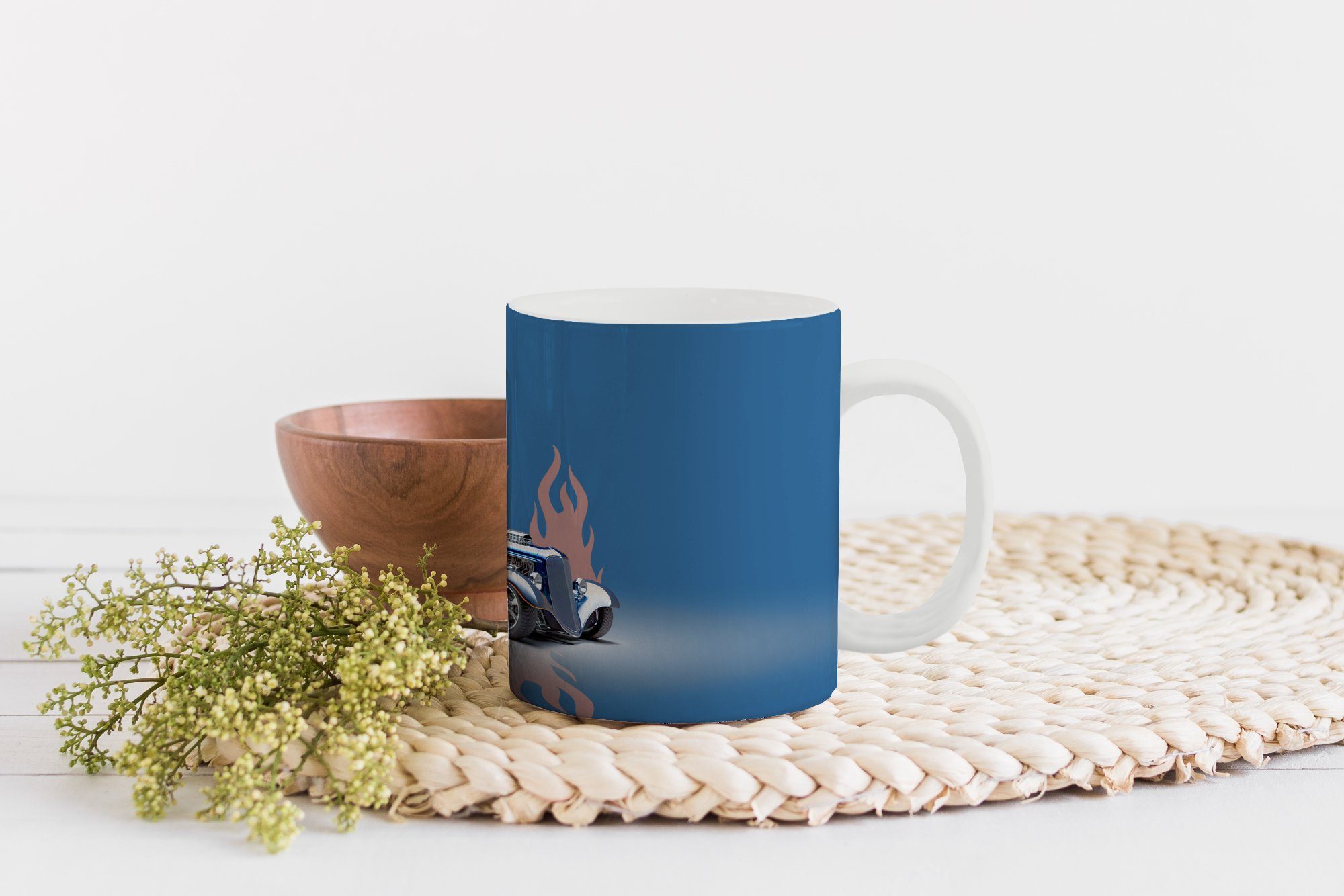 Blau Kaffeetassen, Auto Teetasse, MuchoWow Vintage, Keramik, Tasse - Teetasse, - Geschenk Becher, Flammen -