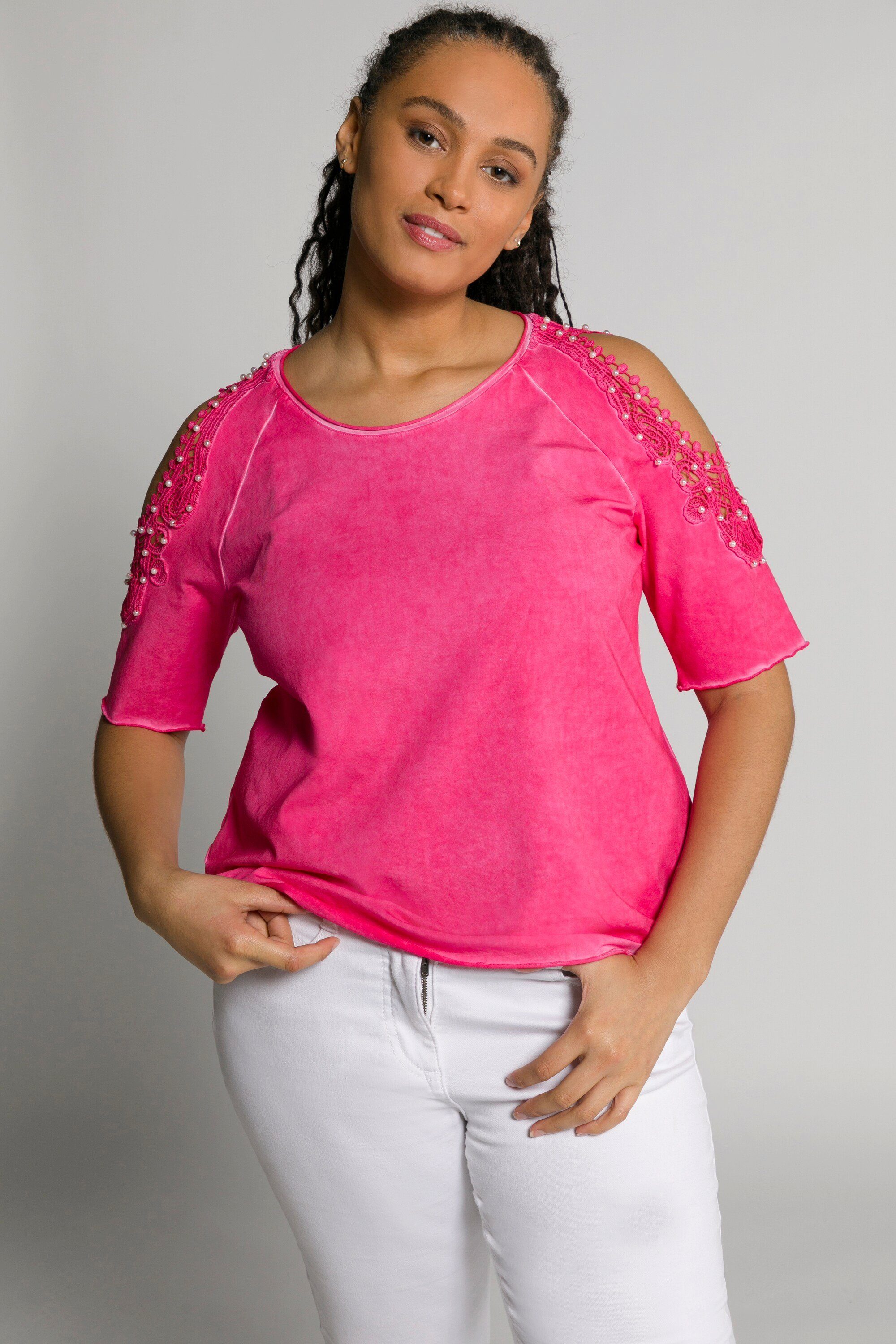 Ulla Popken Rundhalsshirt T-Shirt Spitze pink Schulterschlitze Halbarm Perlen
