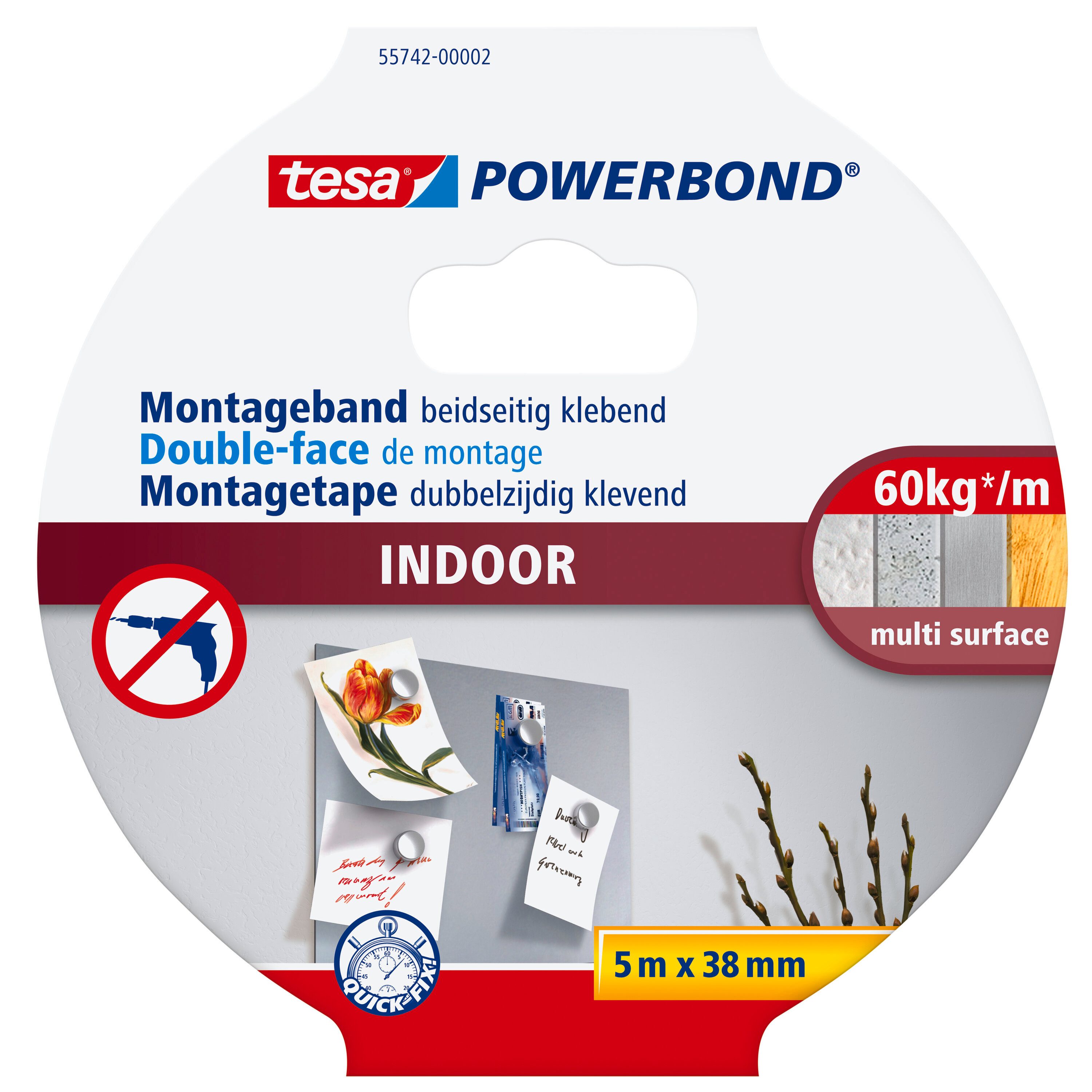 tesa Doppelklebeband (Packung, 1-St., 1 x Powerbond Montageband) extra starkes Montageband - Wandbefestigung ohne Bohren - 5 m : 38 mm