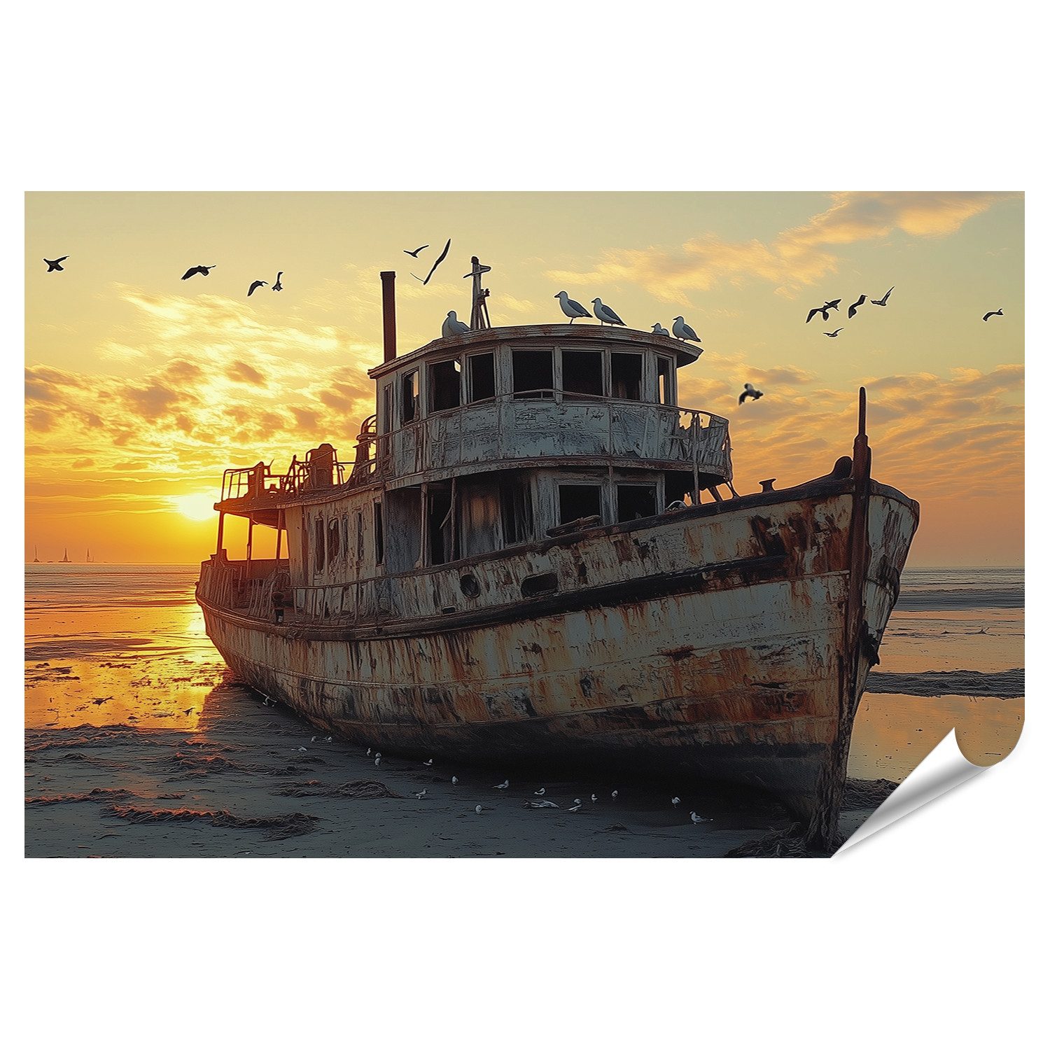 Poster Altes Wrack Schiff bei Sonnenuntergang