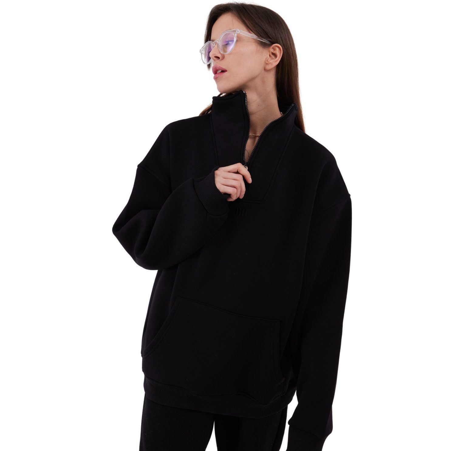 Sweater Zipper Damen Sweater Cotton Sweatshirt halbem Reißverschluss