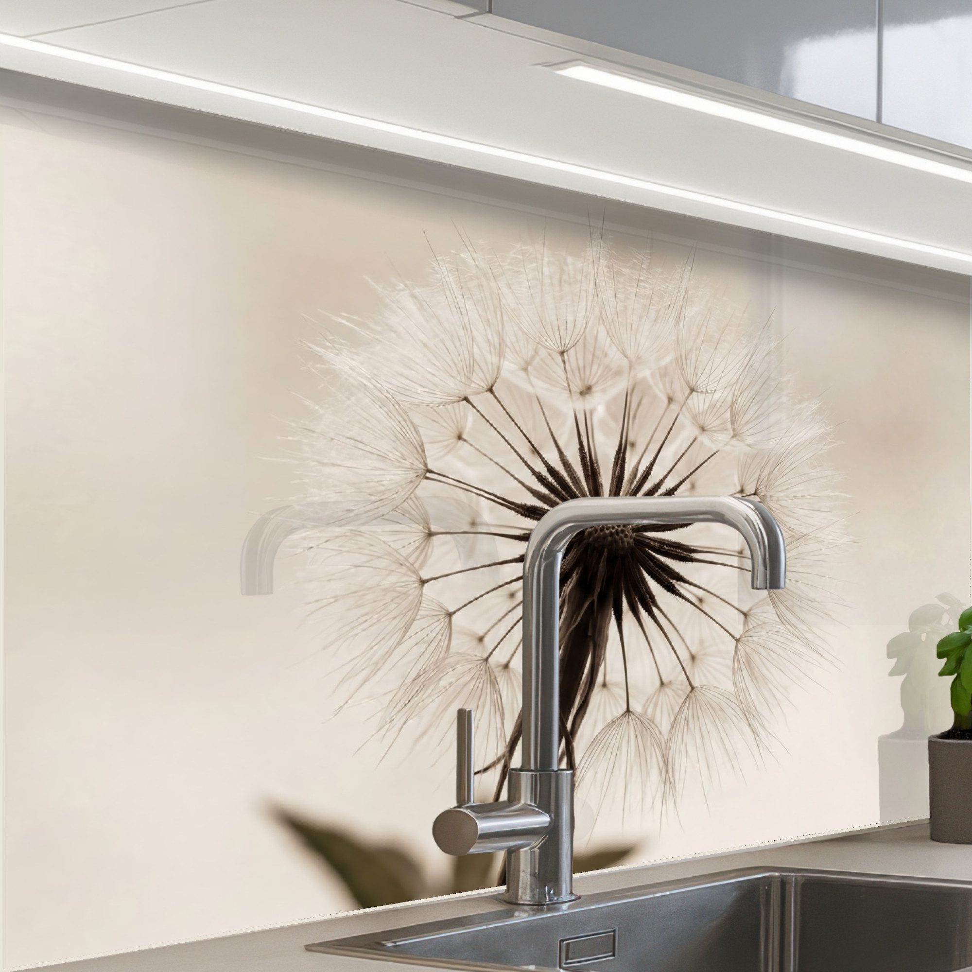 KitchenYeah Küchenrückwand Muster selbstklebend (keine Folie) Pusteblume - Minimalistisch - Weiß, (1-tlg), Spritzschutz, Küche, Rückwand, Küchenwand, Küchenfront, 30x20 cm