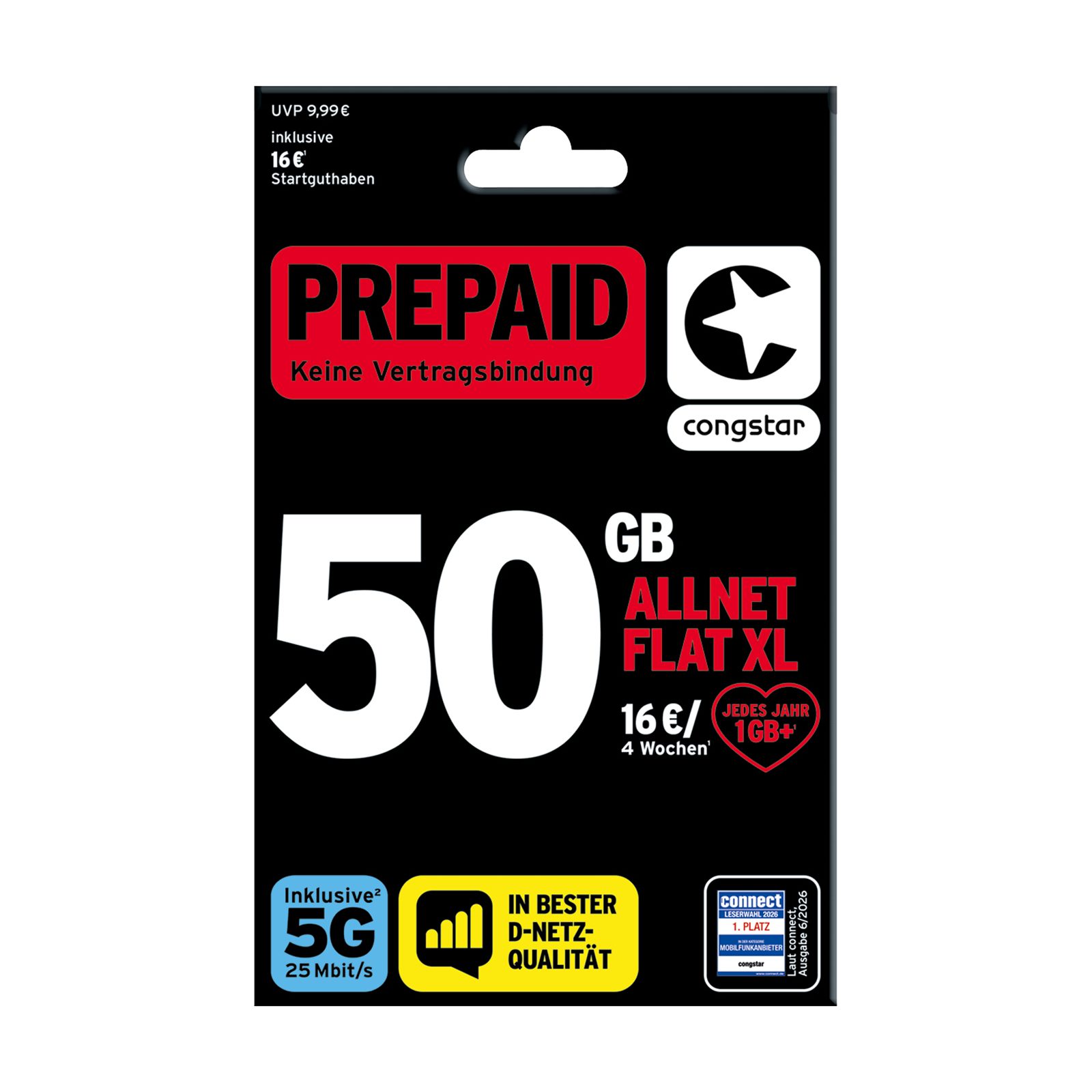 Congstar Prepaid ALLNET XL SIM-Karte ohne Vertrag 5G mit 25 Mbit/s Prepaidkarte, (Telefonie & SMS Flat, EU-Roaming inkl)