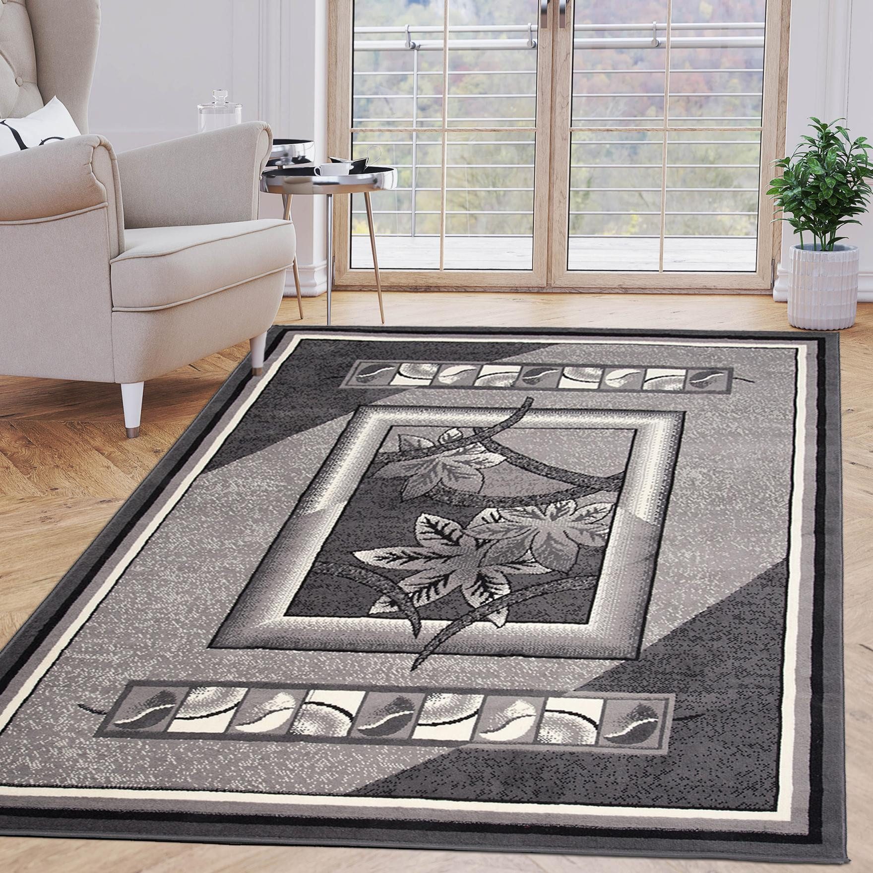 Mazovia Designteppich Retro Pflanzlich Anthrazit Grau Wohnzimmer, Schlafzimmer, Esszimmer, Fußbodenheizung – Bild 2 von 5