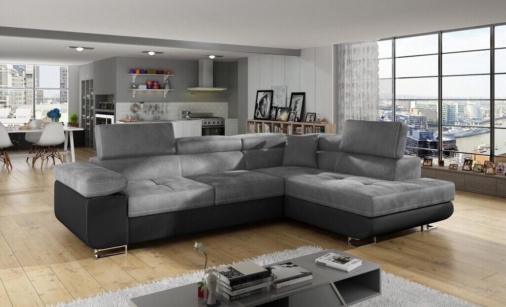 JVmoebel Ecksofa Eck Stoff Ecksofa L-Form Sofa Couch Design Couch, Made in Europe Grau/Schwarz