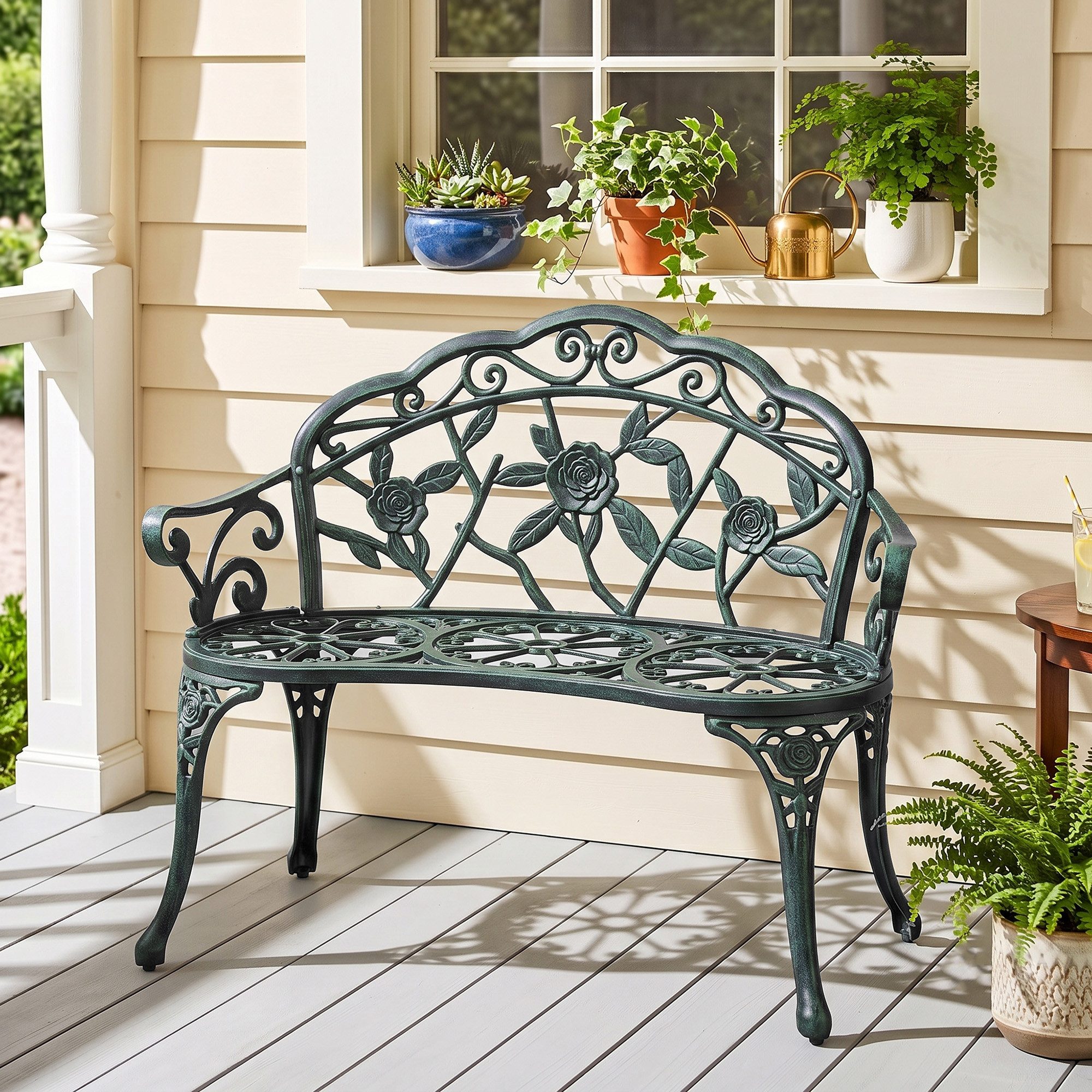 Outsunny Gartenbank Balkonbank Retro Stil, Blumenmuster, 240 kg belastbar, Antik Grün (Sitzbank, 1-St., Parkbank), 100 x 54 x 78 cm