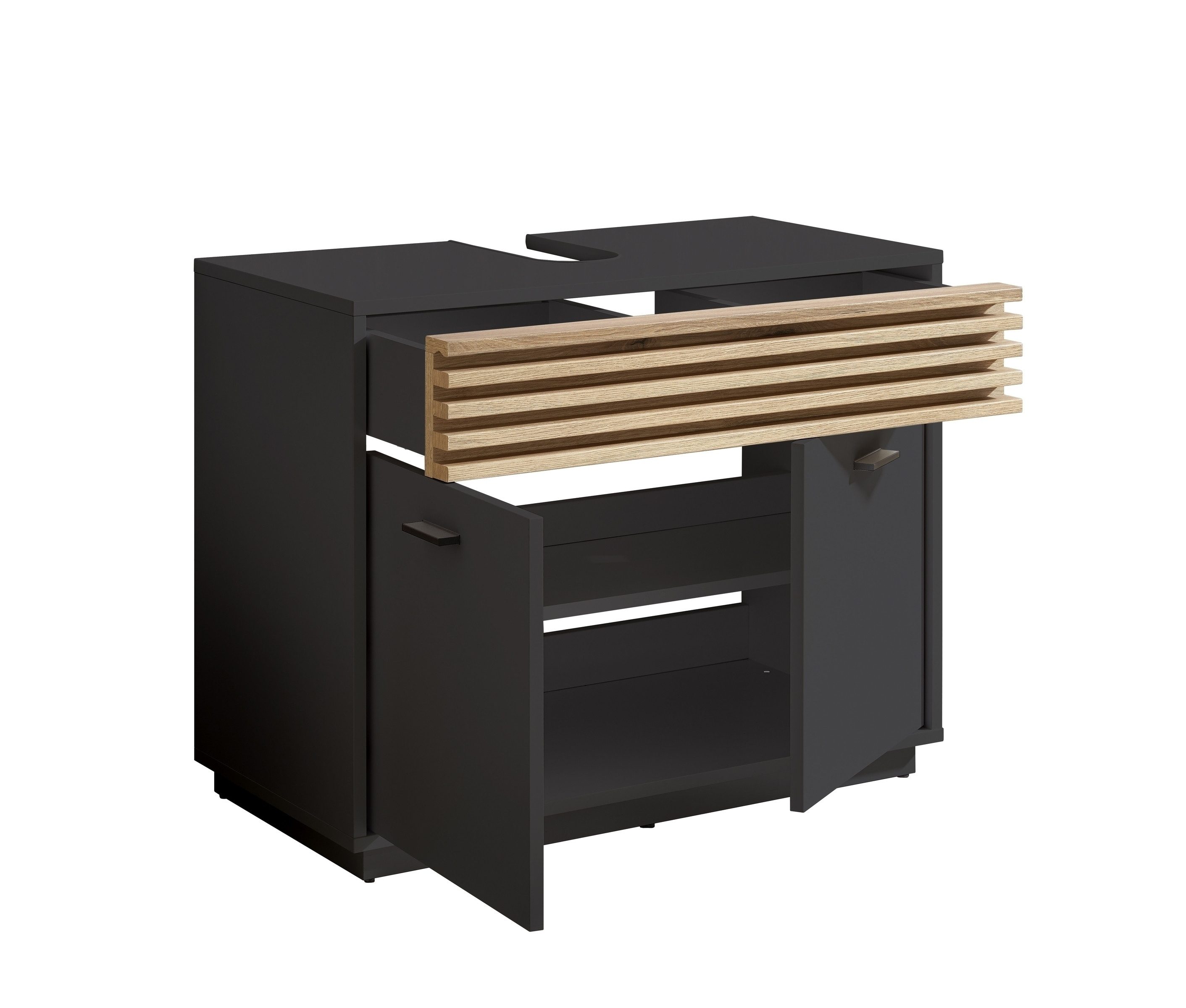 PREISBRECHER Waschbeckenunterschrank Liguria Anthrazit / Evoke Eiche Dekor - 80x64x40 (BxHxT)