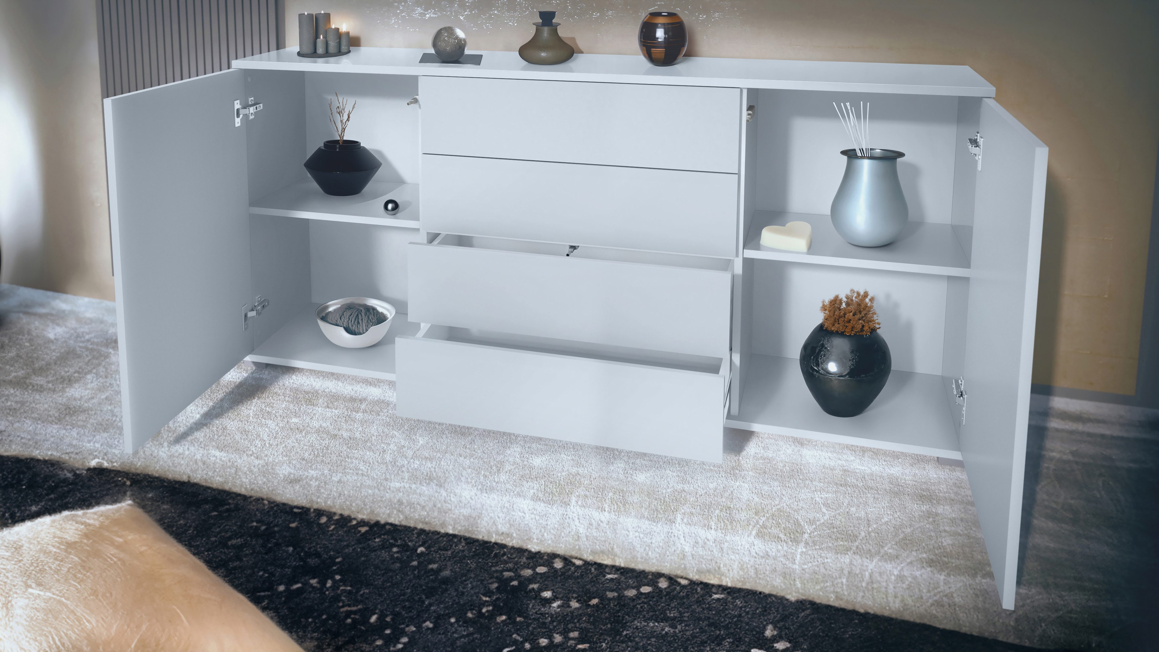 Vladon Sideboard Santo V2 (Anrichte, mit 2 Türen und 4 Schubladen), Weiß matt/Eiche Evoke (166,5 x 75,5 x 35 cm)