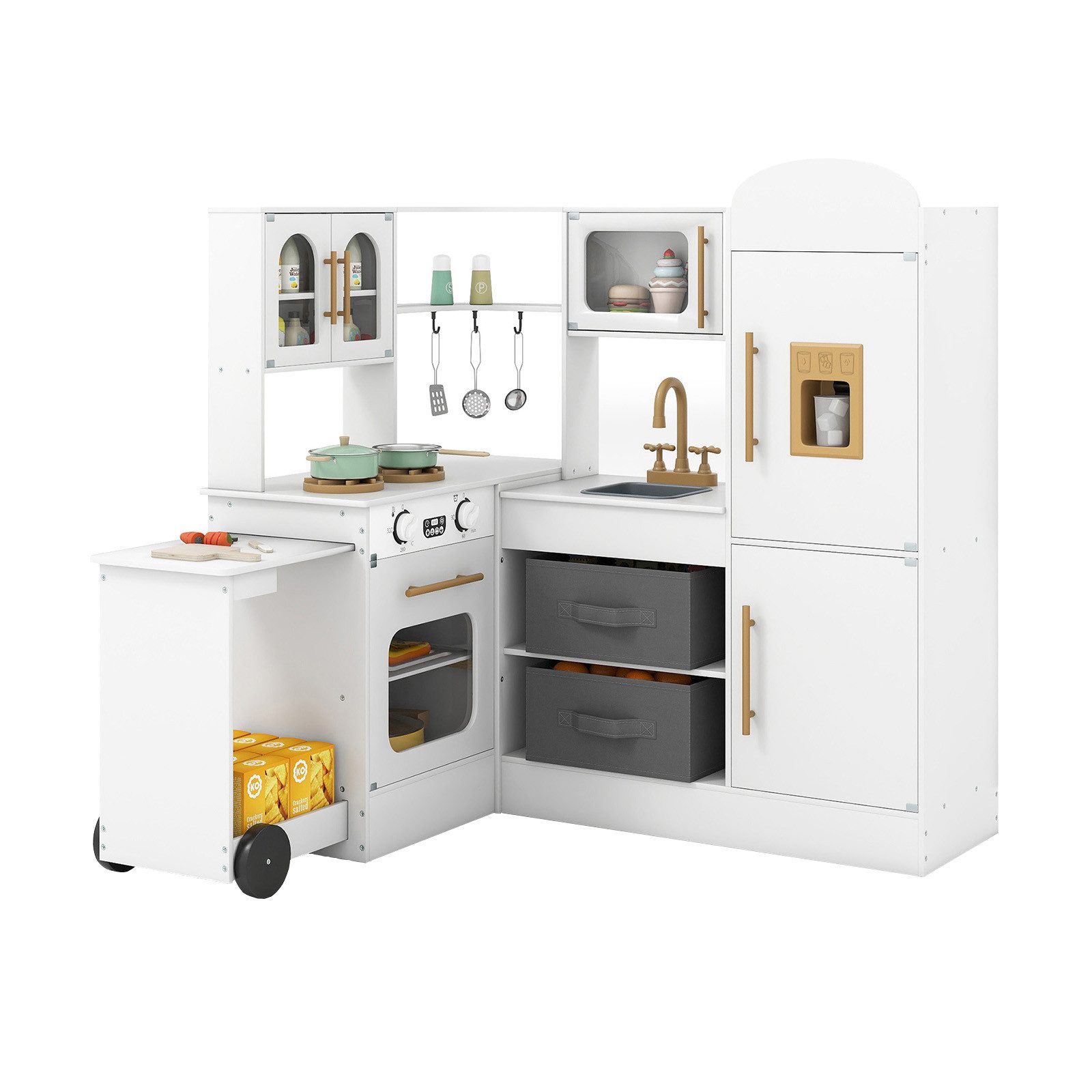 COSTWAY Spielküche Holz, Eckküche mit ausziehbarer Arbeitsplatte, Kühlschrank