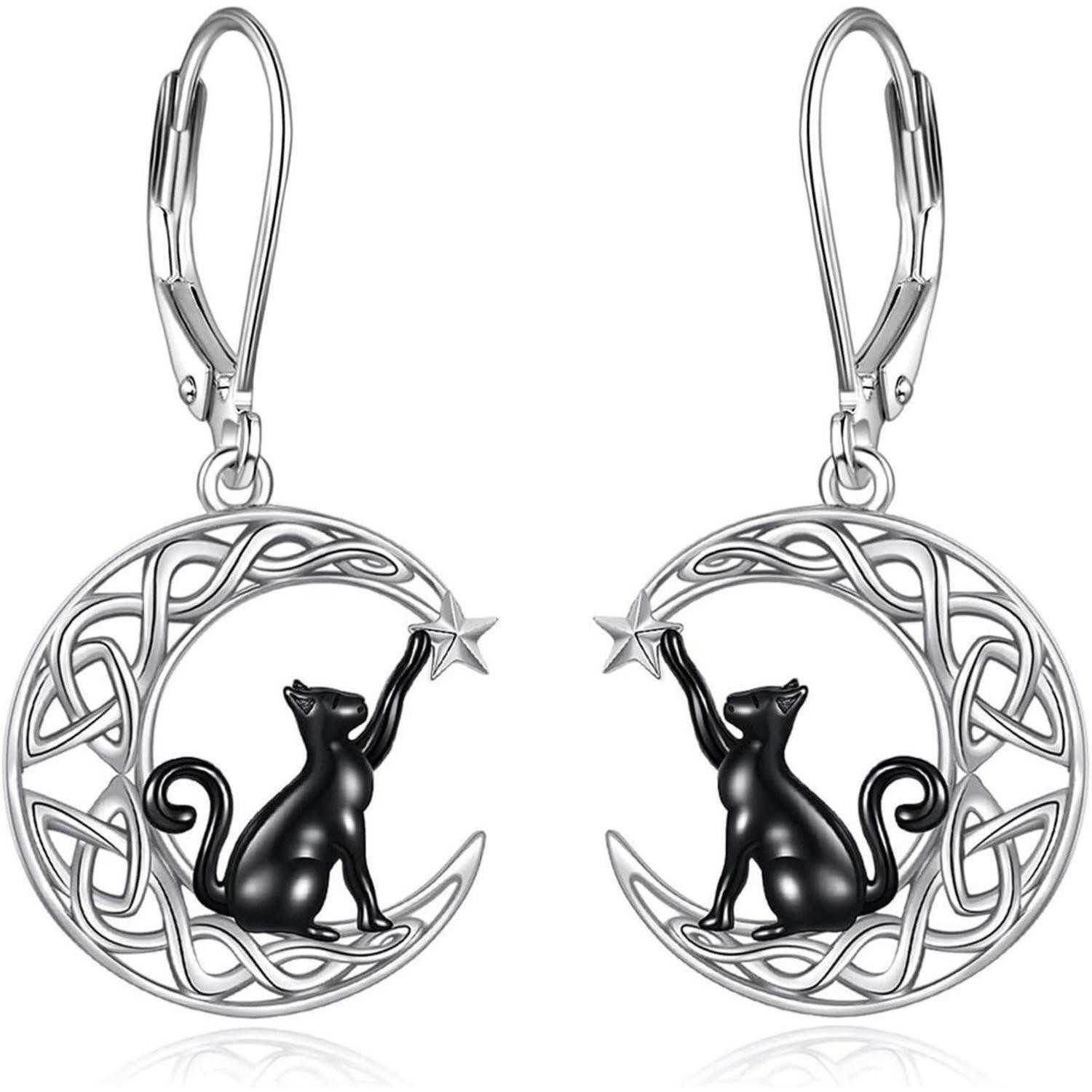 LuxusKollektion Paar Ohrhänger Ohrringe Keltisch Hängend Sterling Silber Mond Damen Katze ohrringe
